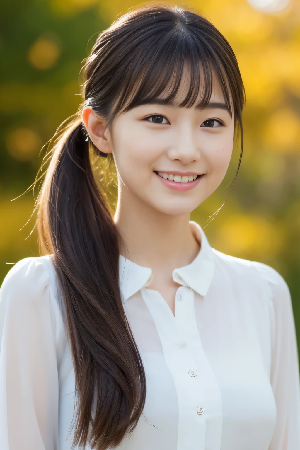 (((​masterpiece))), top-quality, Extremely detailed, Detailed background, Very beautiful girl, Japanese, 12 yo,  Detailed face, Bangs, Smile, (Full body:1.3), (Random hairstyles :1.2), (Young Face), (Perfect body:1.1), Blouse, Autumn, in 8K, Wallpaper, amazing, finely detail, Ultra-detailed, 超A high resolution, Extremely detailed, Pure erotic face, extremely detailed eye and face, Beautiful detailed eyes, highly detailedskin, No makeup, (Natural Skin),a smile、Ponytail hair