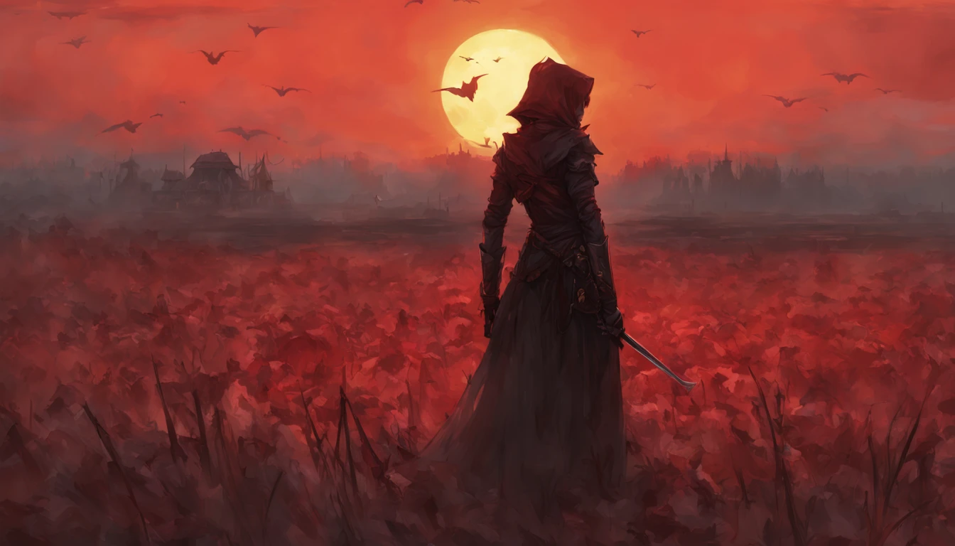 view of an assassin woman, looks over her shoulder, face can be seen on a batte field covered by corpses. The sky is colored by a red sun set.
