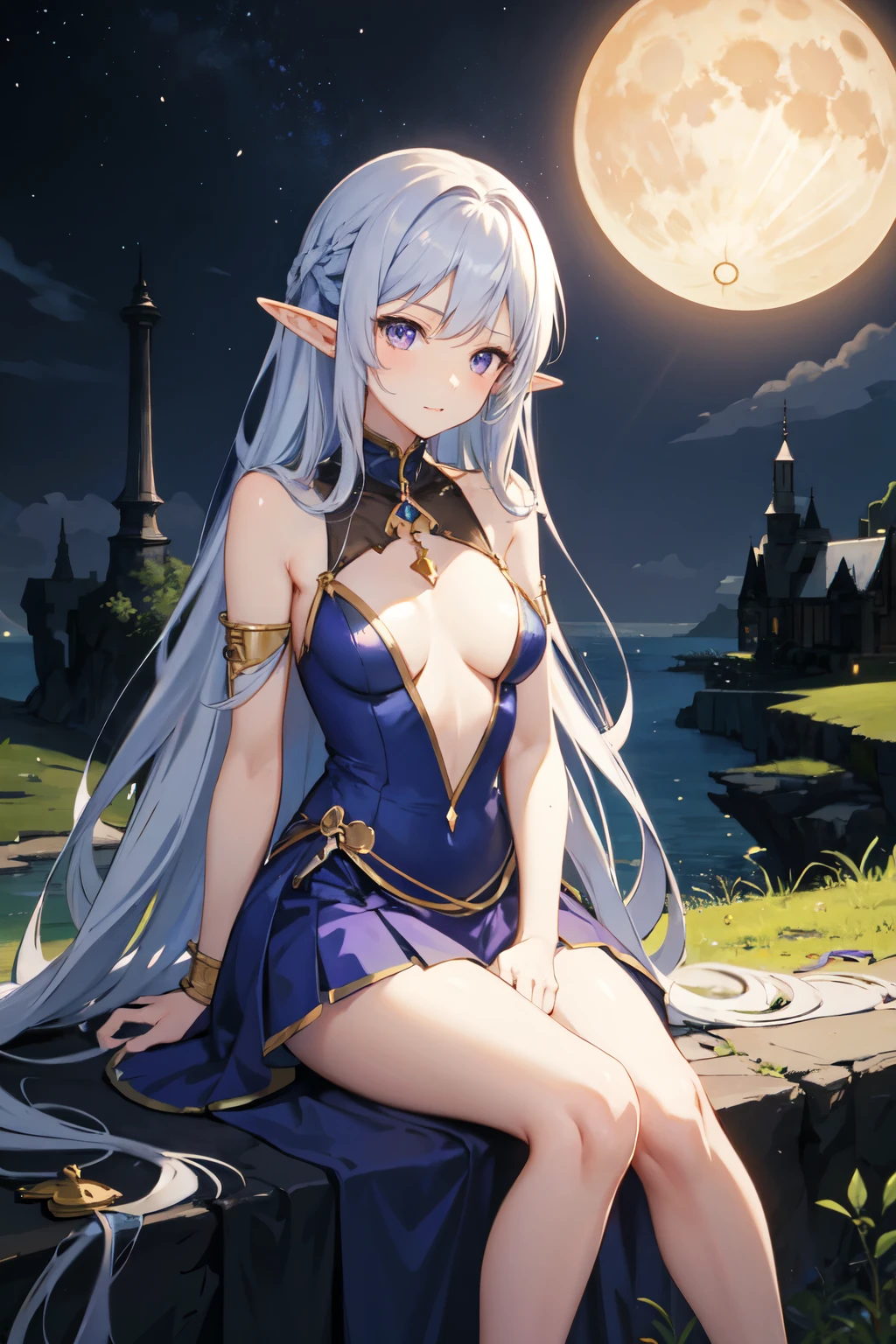 anime，the elf，，Long blue hair，Purple eye，chiquita、magia、moon behind sky、precipice，sat on the ground