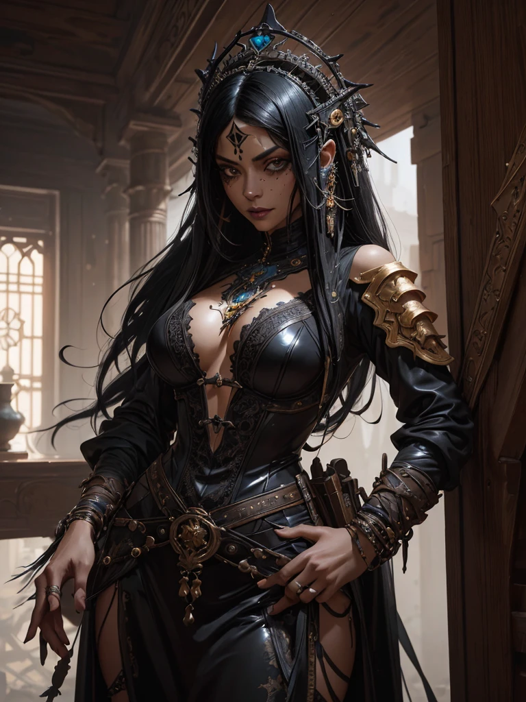 Insanely detailed cinematic photography of a beautiful tunesian female with black hair dark black latex costume, looking on camera, intricate and hyperdetailed painting by Ismail Inceoglu Huang Guangjian and Dan Witz CGSociety ZBrush Central fantasy art album cover art 4K 64 megapixels 8K resolution HDR, mysterious, gothic, normal fingers and hands