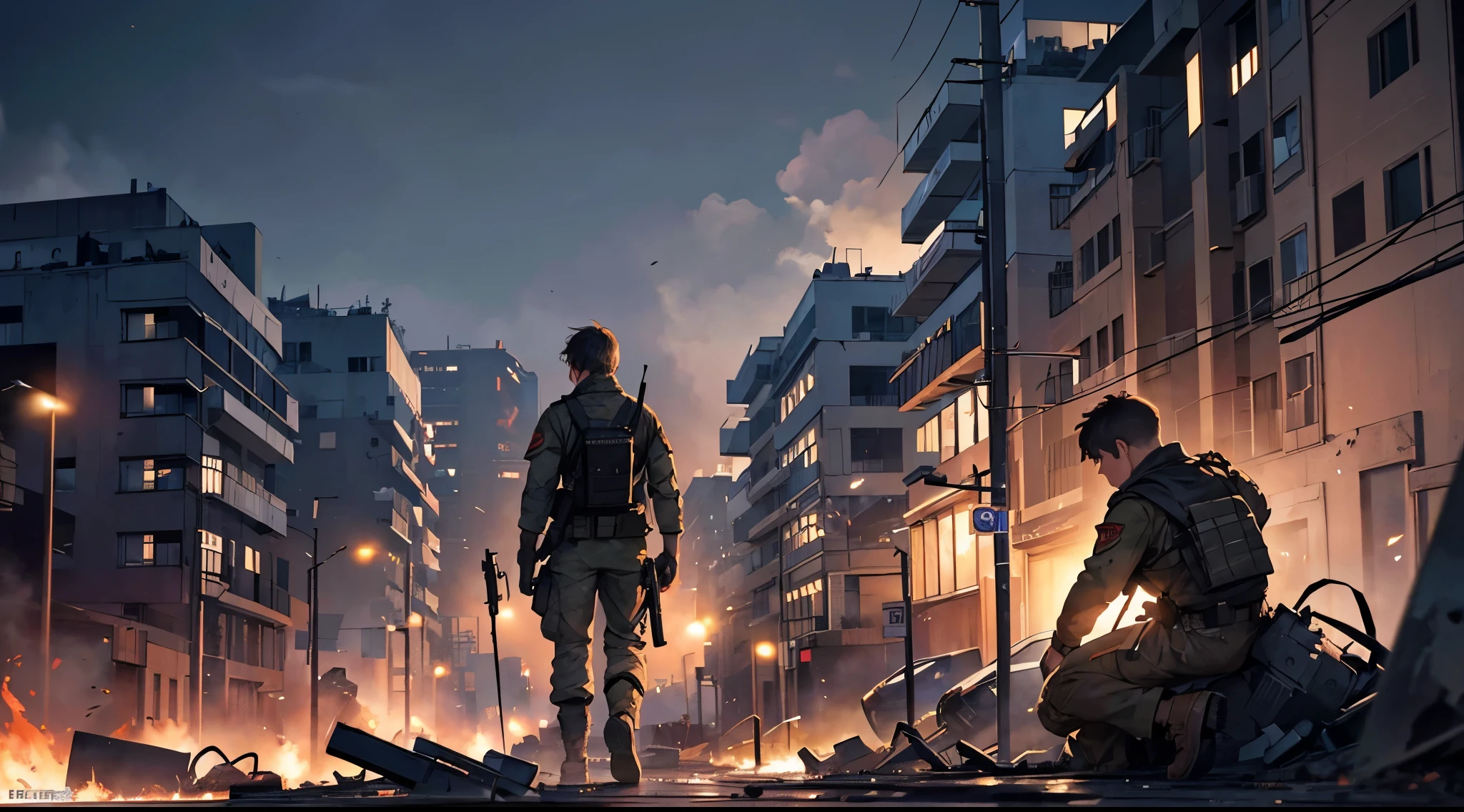 "Generate a scene image,(( where a soldier sits on his back with a rifle in a destroyed city)). Burning houses are visible in the background, from which there is a lot of smoke. Rubble of buildings is visible around the soldier, destroyed streets and an atmosphere of devastation hanging everywhere. Enter details, such as the winds, fluttering ashes, and also carefully convey the emotional state of the soldier, who met with destruction and chaos around."((in detail))