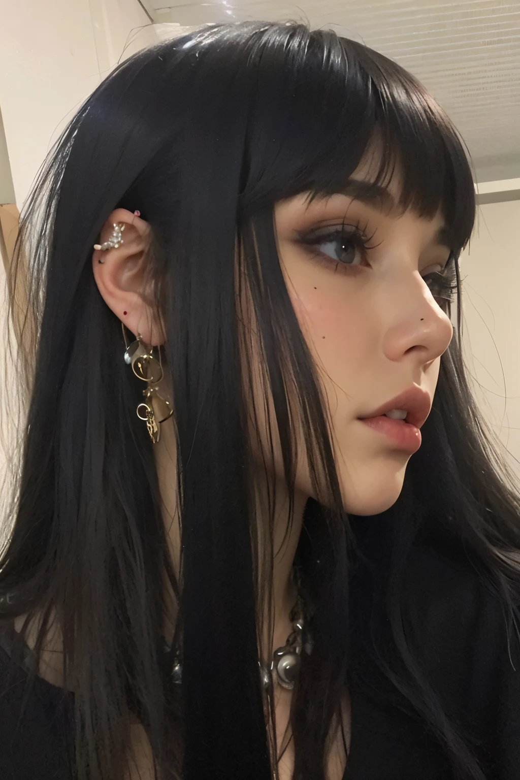 um close de uma mulher com longos cabelos pretos usando piercings nas orelhas, brincos enormes e maquiagem queer, goth girl aesthetic, she parece uma mistura de grimes, parece uma mistura de grimes, assemelhando-se a uma mistura de grimes, 1 7 - year - old goth girl, Charli Bowater, parece uma mistura de grimes, franja preta