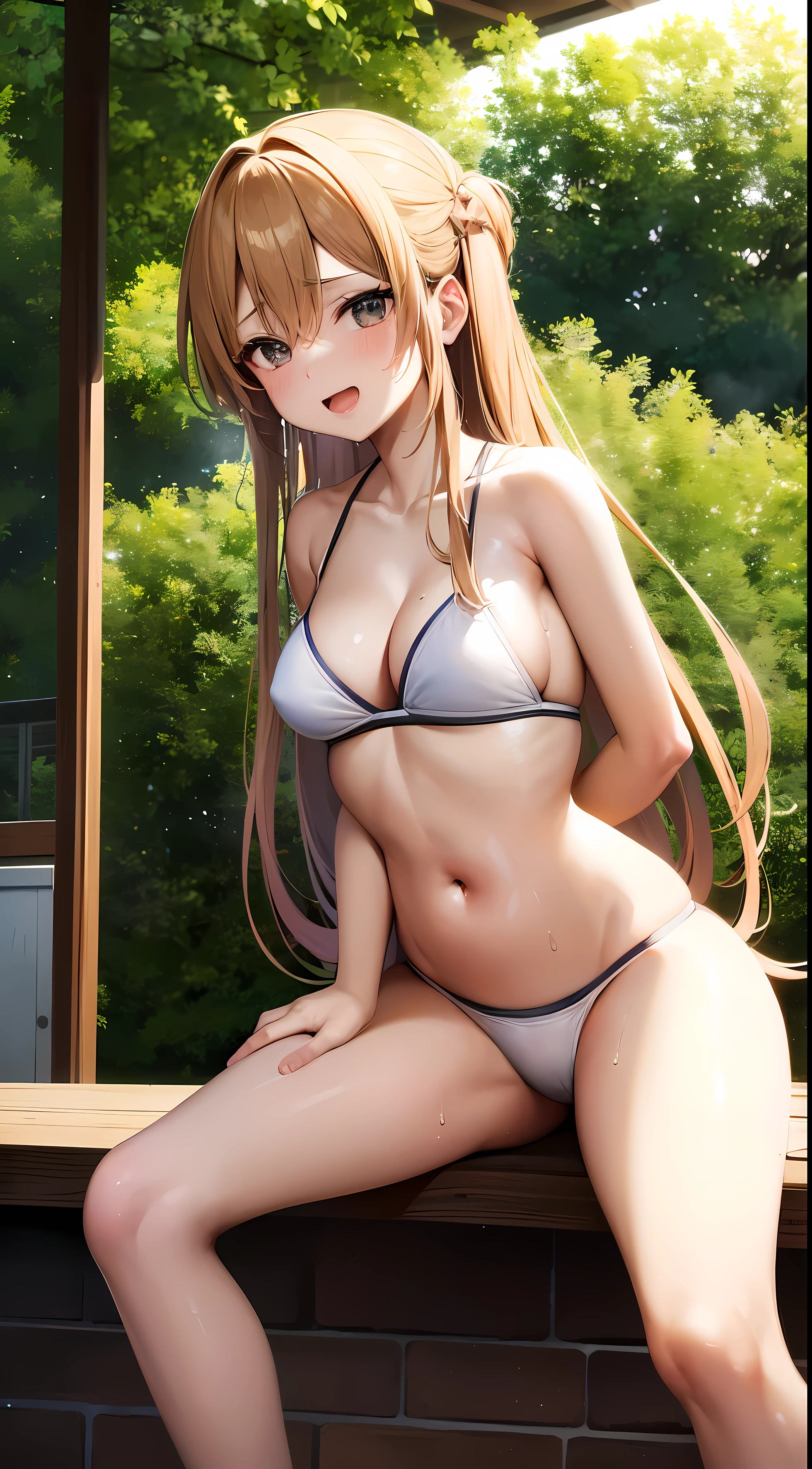 Asuna, Asuna Yuki highest quality, Master Parts, 1girl in, Soio, naDo De pimenta, StanDing, :D, faust, posanDo bunDa, bunDa apontaDa Diretamente para o espectaDor, (leaning harD), Asymmetrical Bikini, Stuffy々and facial expressions,Stuffy々,Squad Positions,liquid that gives a sexual impression、hot air、Sweat sweat