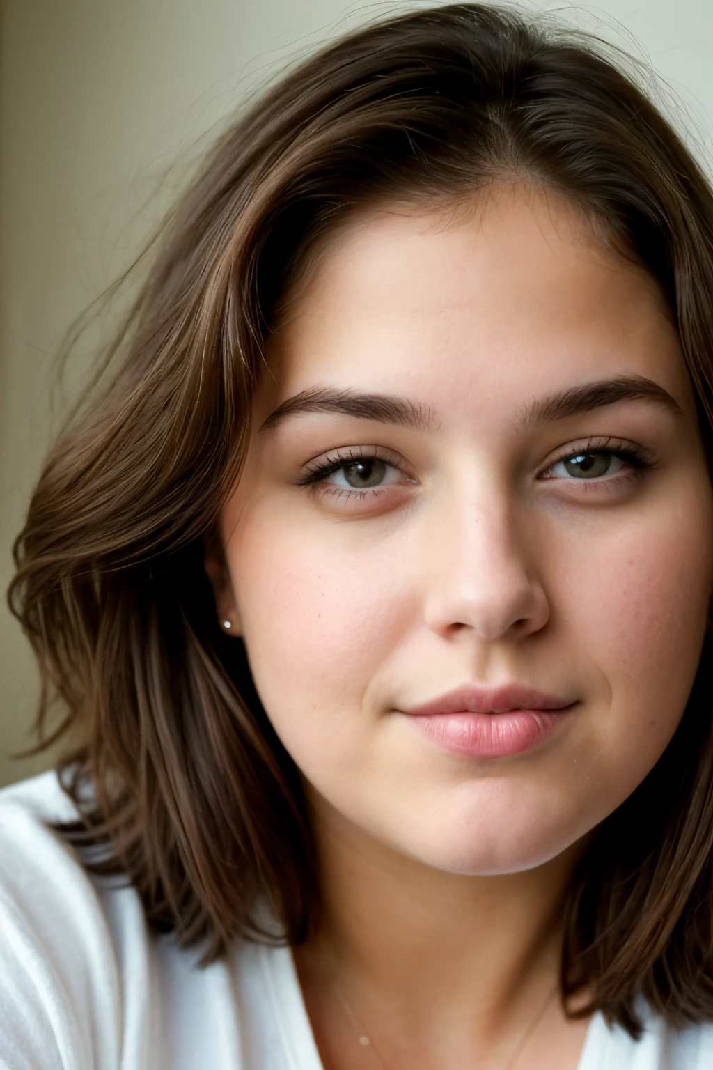 ((best quality)), ((masterpiece)), (detailed), perfect face of an chubby American woman. Brown hair. Portrait. Beautiful women. Cute sharp nose. Looking at viewer. Calm face expression