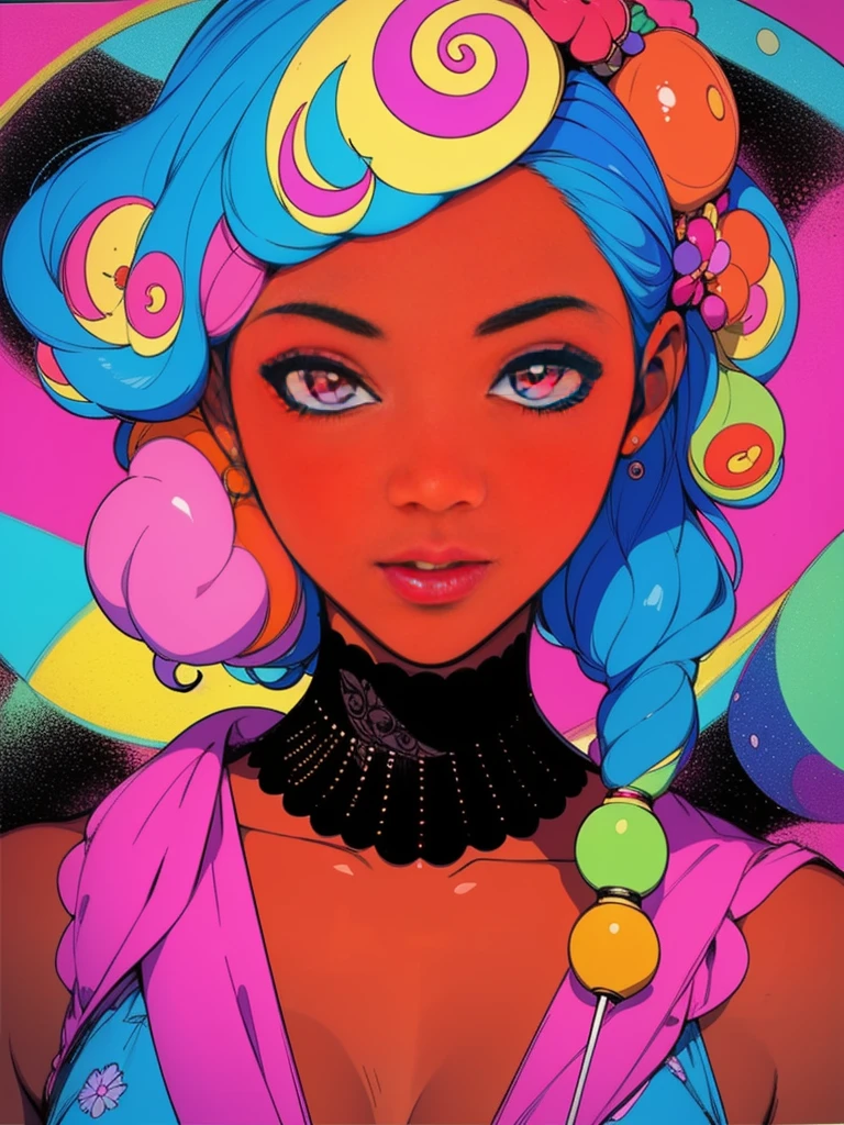(best quality:1.1),original,1girl,chic,trendy,lolipop,afro,dark skin,makeup,1970's,psychedelic