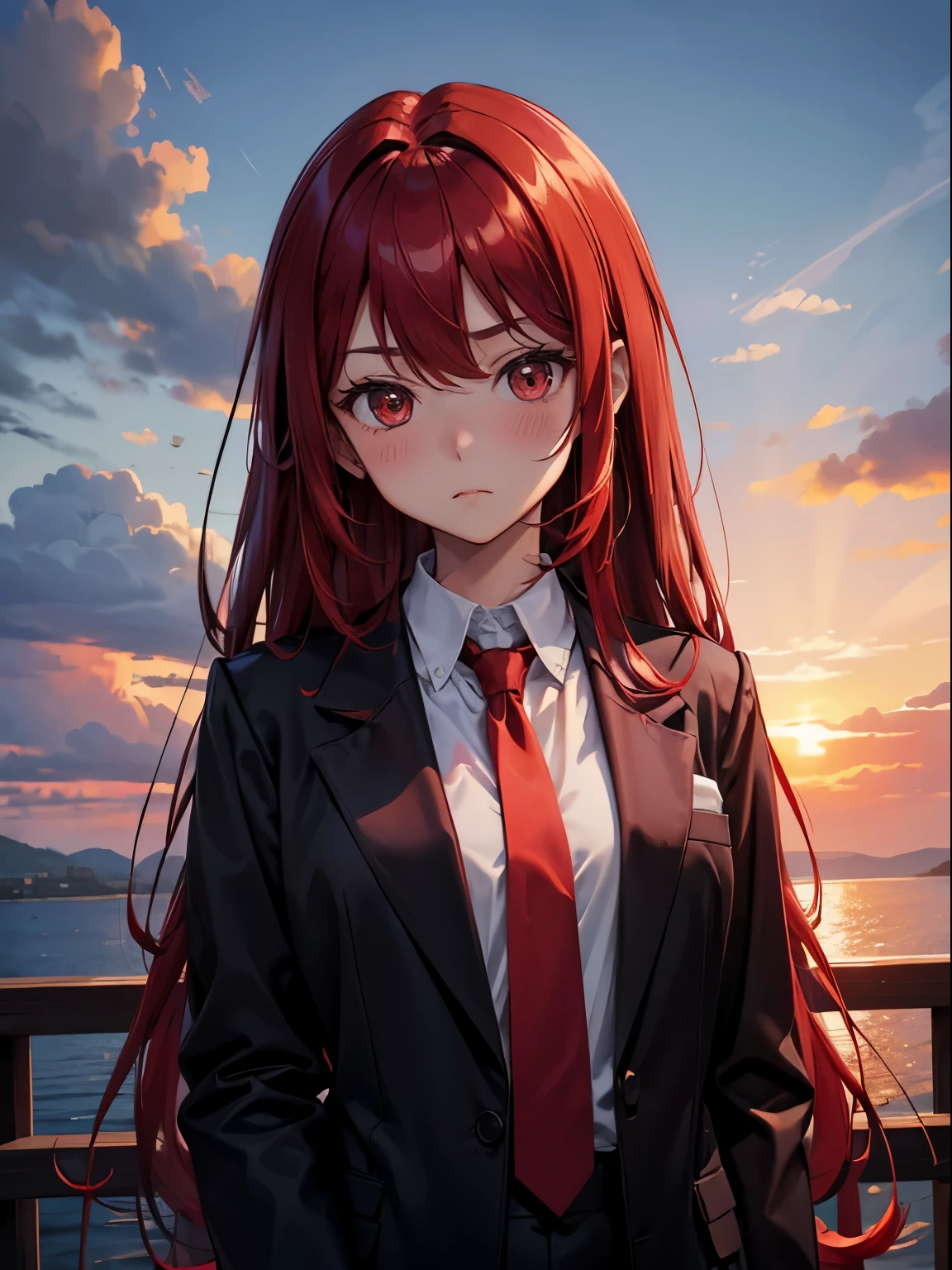 Woman in suit、red hairs、long hair、Black jacket、white shirt、red necktie、early evening、the setting sun、red blush、Kamimei
