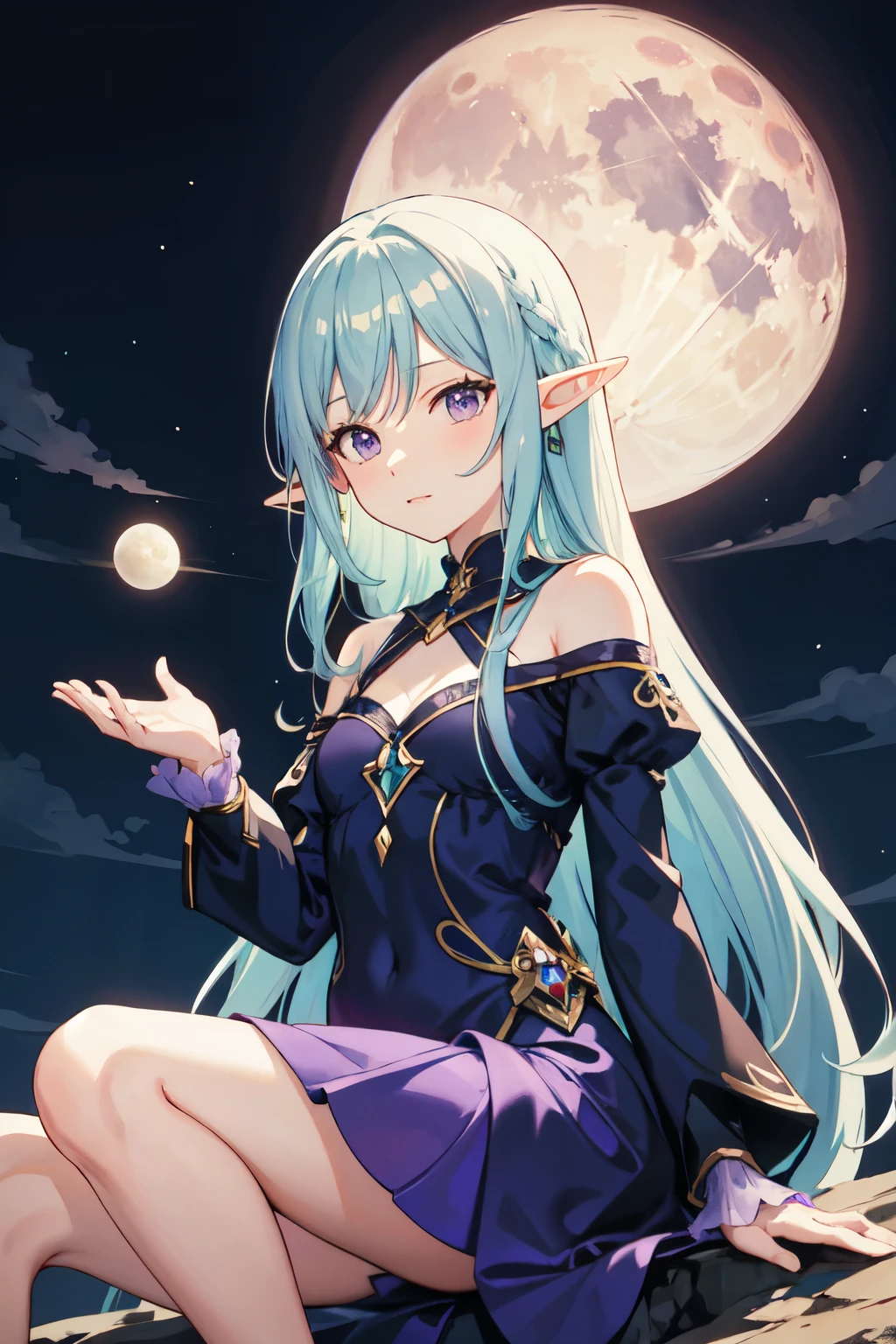 ,short hair, light blue hair, long side bangs, elf ears, sitting in a meadow, yellow fireflies, blue and yellow lights float around her, faintly blushing , green eyes, detached sleeves, bare shoulders, golden pendant, silver earrings, elf girl, :o, shy, shy smile, black high heels , night, huge moon, night, starry sky, northern lights, galaxy sky, ripped blue shorts, glowing butterflies, glowing flowers, blue ruffled pajama crop top, sitting down, ,,, big bright beautiful eyes, standing further from viewer, beautiful detailed skin, beautiful detailed skin , full body, incredibly detailed, , hair ornament, facing viewer, incredibly detailed, masterpiece, bright pupils, new, ai generated, perfect lighting, perfect_anatomy, better hands, more details, detailed background, light particles, best quality, canvas, painting, vibrant colors, detailed background, fierce look, sharp focus, hair ornament, facing viewer, gem,sparkle,more details, 8k quality,high resolution, more detail , 4kwallpaper, soft blush, sweet smile,shadows, gem,sparkle, star \(symbol\), , standing further from viewer ,Maccha Artstyle, pastel \(medium\), soft, pastel color palette, soft color palette, detailed style, cute, bright colours, shiny, sparkly eyes, detailed background, fine lineart, detailed shadows, detailed style, clean lineart, detailed lights,