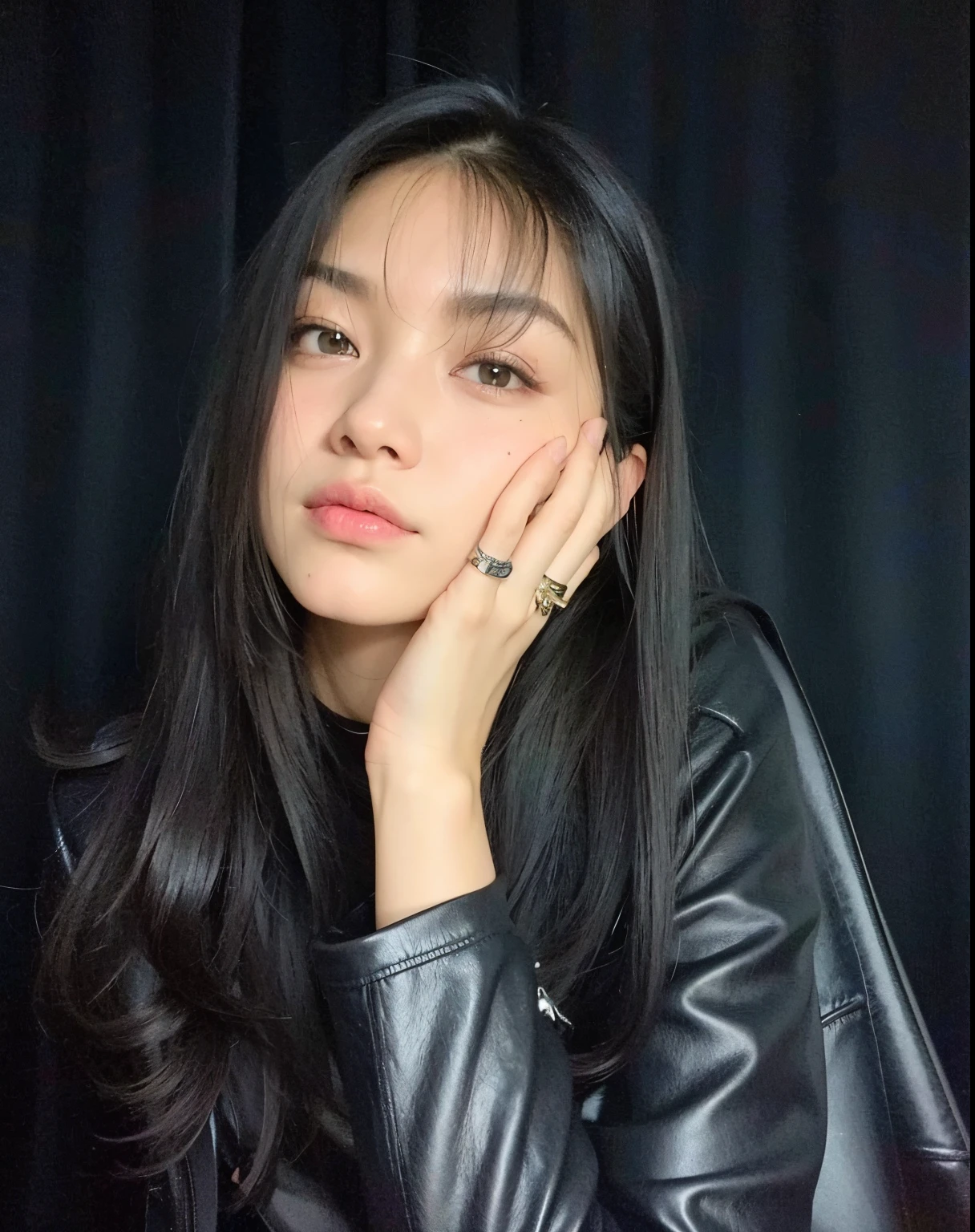 There's a woman with long black hair and a black leather jacket, 🤤 retrato da menina, hand on her chin, Foto de perfil do headshot, Ela tem cabelo preto com franja, hand on cheek, Semi-realismo, cabelo blackbangs cabelo, com rosto redondo, Foto Portait Foto de perfil, com cabelos longos, south east asian with round face, cabelo preto longo com franja