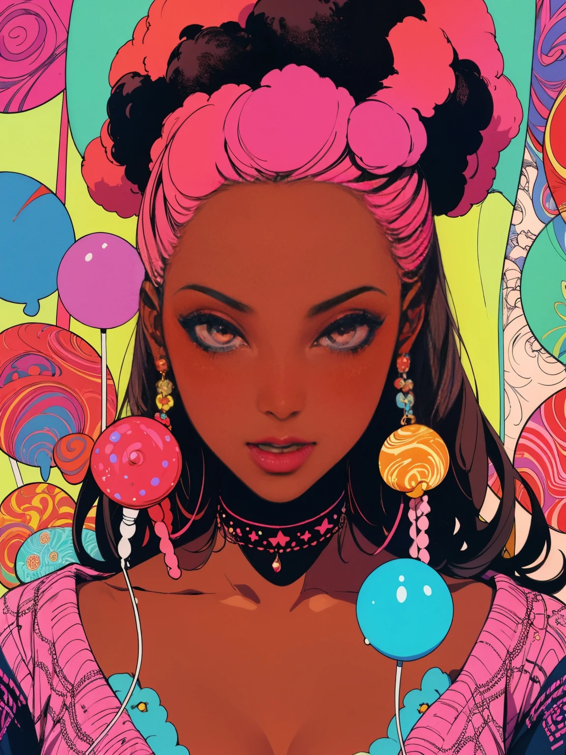 (best quality:1.1),original,1girl,chic,trendy,pop,afro,dark skin,makeup,1970's,psychedelic