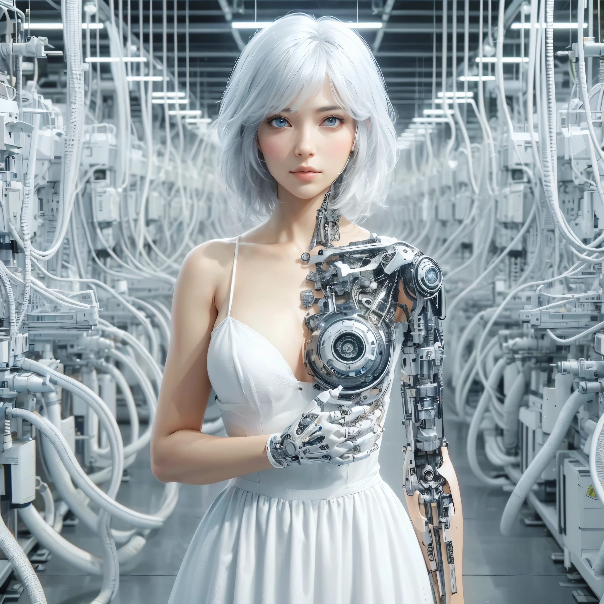 generate a 3d images of a cyborg mechanical lady with large breast, white medium hair, wearing white summer dress, her left hand is a mechanical cyborg robotic hand , her left eye is a robotic eye, opened right chest and show machine inside it, she is at the middle of futuristic machine factory standing still with many cables attach to her body, cables, pipes, detail, masterpiece, 8k, professional photo, masterpiece, detail, 8k, masterpiece, best quality:1.2),,(8k,highres,RAW photo,realistic,photo-realistic:1.3),(detailed skin texture,detailed cloth texture,beautiful detailed face:1.25),professional lighting,photon mapping,beautiful soft light,radiosity,physically-based rendering,raytracing, model shoot style, model shoot style, (extremely detailed CG unity 8k wallpaper), full shot body photo of the most beautiful artwork in the world,