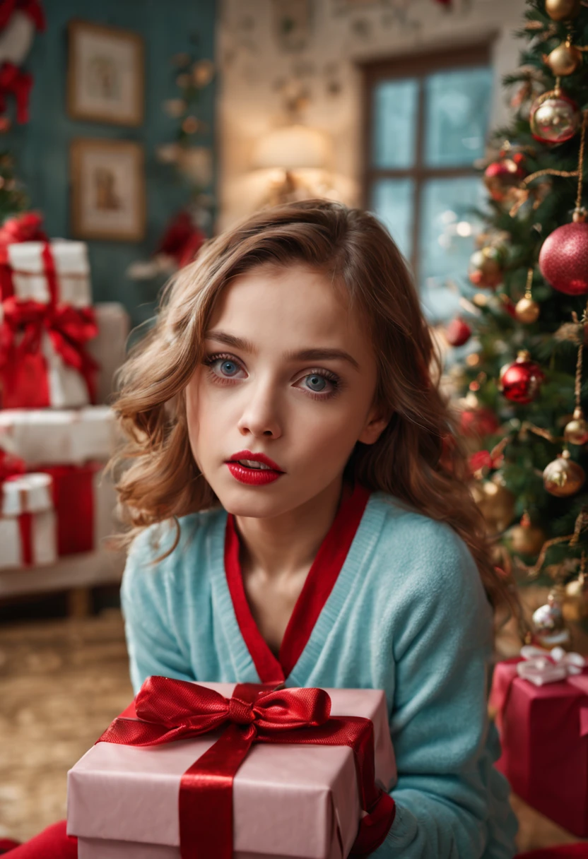 (best quality, 4k, 8k, high resolution, masterpiece: 1.2), ultra detailed, (realistic, photorealistic, photorealistic: 1.37), (girl opening a christmas gift:1.2), beautiful and detailed eyes, beautiful and detailed lips Extremely detailed eyes and face, long eyelashes, the scene is in the living room of a house next to the Christmas tree, beautiful red pajamas, red socks, expression of surprise and joy, vibrant colors, pastel blue and pink tones, warm lighting, subtle shadows