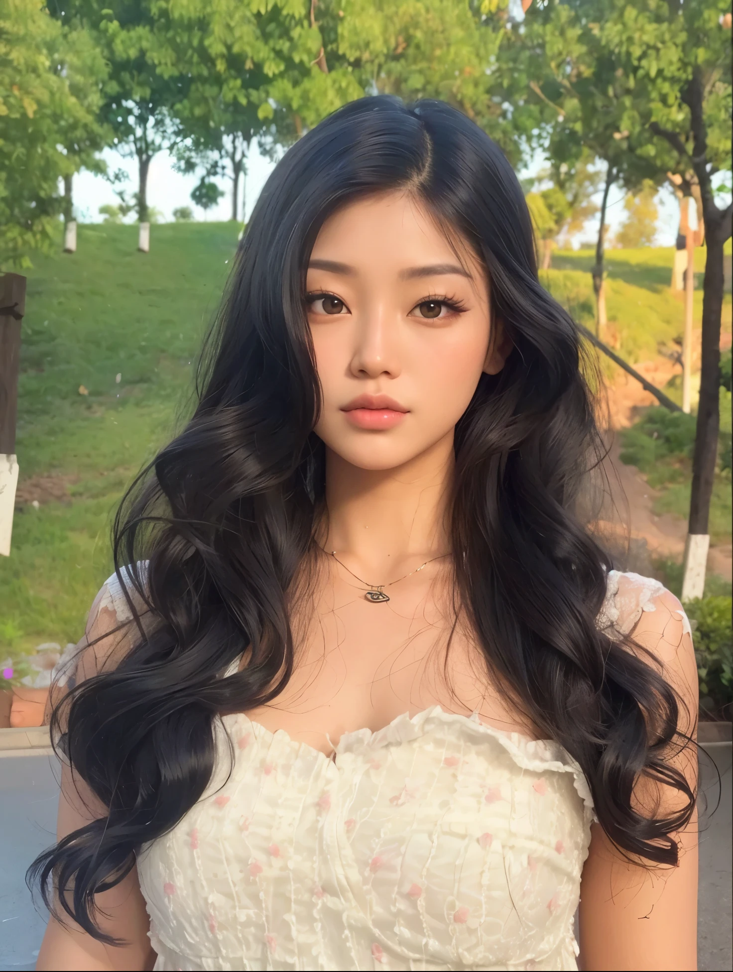 um close up de uma mulher com cabelo comprido usando um vestido, Asian girl with long hair, cabelos pretos longos ondulados, large eyes and flowing long hair, com cabelos longos e olhos penetrantes, asian features, longos cabelos negros ondulados, Beautiful Asian girl, linda mulher coreana jovem, ondulado longo - comprimento cabelo preto, Mulher sul-coreana bonita, cabelos pretos e olhos grandes