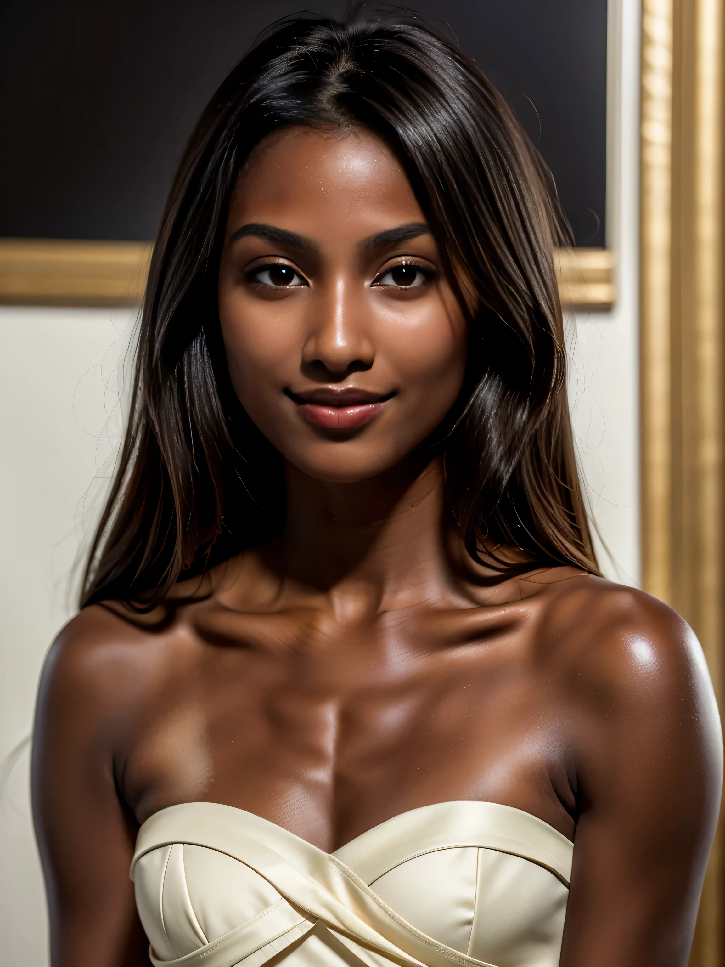 Masterpiece, highres, best quality, realistic, The most beautiful and elegant brunette 22 years girl with brown almond eyes, extremely cute, inspired by young Ana de Armas, (small beautiful delicate nose, small nose tip), extremely beautiful, symmetric face, (short round face shape:1.5), (prominent cheekbones:1), (round cheeks:1), (beautiful feminine chin), (red lips:1), ((dark skin:1.6)), (upper body:1.5), (wistful_smile), wearing a strapless princess dress, white_backdrop