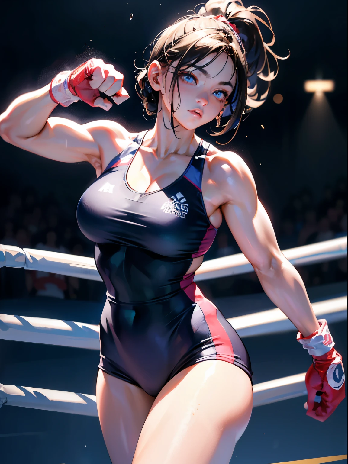 (Best Quality, masutepiece),ultra detailed photographic,1girl in, female boxing athlete ,Large breasts,nice legs,At the boxing venue,Detailed beautiful face,Beautiful eyes,detailed hairs,detailed  clothes,Detailed realistic skin,Cool,Dynamic Angle,shine eyes in dark,