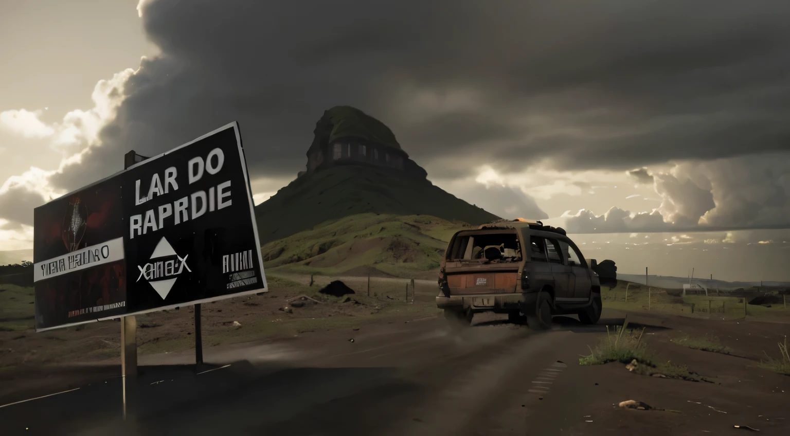 zombie running towards a sign with a car in the background, Vale do fundo maldito, a criatura vende um carro usado, 7 dias para morrer zumbi, Desolado com zumbis, Apocalipse de zumbis, Ataque de zumbis, Paisagem infernal real no fundo, arte surreal de horror, ! paisagem do apocalipse!!, Feito em Maya e Photoshop, atmosfera estranha e assustadora, editing