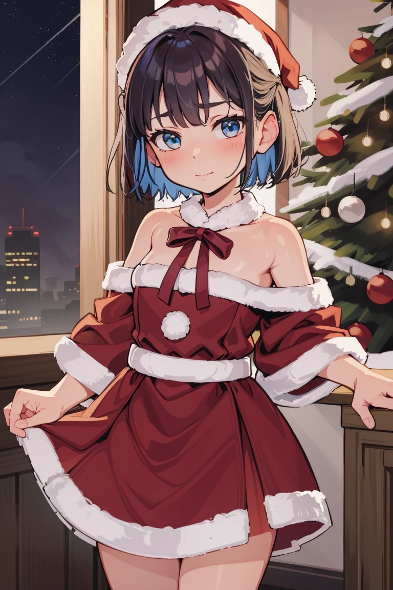 Christmas li, infront of christmas tree, santa outfit, blue hair,, short hair, short hair, night, snow, ribbon, nsfw, covered in ribbons