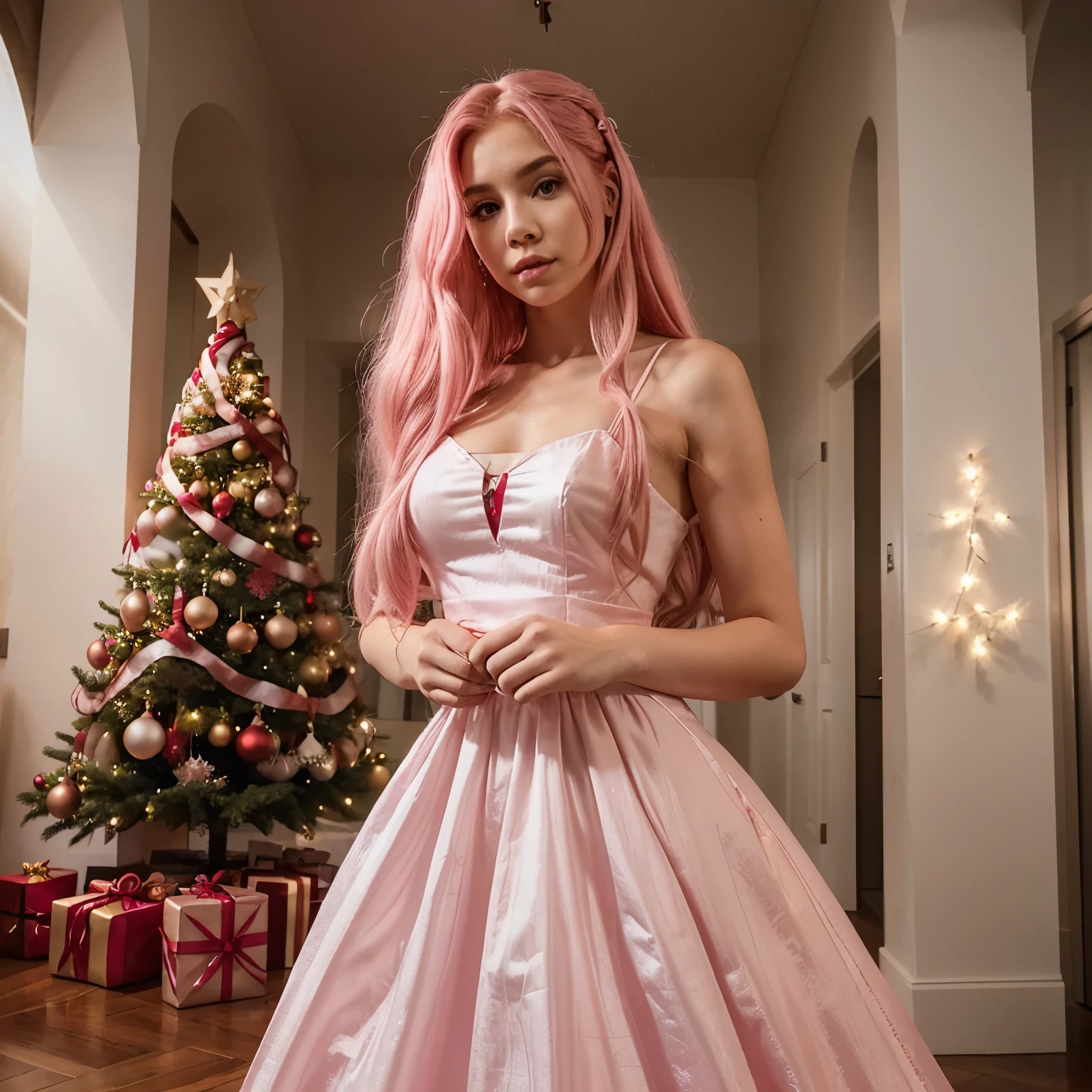 18 year old woman, with striking pink hair, ava max, with pink hair, kailee mandel, long flowing pink hair, pink wispy hair, flowing pink hair, pink hair, light pink hair, long pink hair, long hair, curly hair, hair falling in loose on shoulders, queen of xmas, decent que3n xmas long dress and Christmas queen hairstyle. she is behind a huge and beautiful white Christmas tree. Christmas red dress, no openings dress