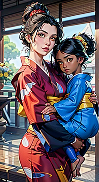 mother and daughters,(((dark skin, daughter))),((white skin,mother)),[azula], [(Avatar_the_Last_Airbender)], ((masterpiece:1.4)), ((high res:1.4)), ((High definition)), ((detailed shading)), ((anime girl)), {attractive; (black hair),side strands, side bangs),(beautiful yellow pupils), (smile), curvaceous hips, beautiful lips, [(((mother wears a deep red kimono)))], mother has white skin, daughter have dark skin, daughter have blue clothes
