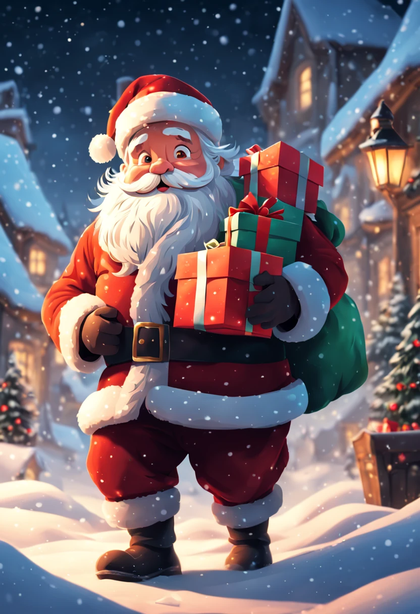 Winter scene，Illustration style，Cute illustration style Santa Claus carrying gifts，The entire scene is covered in snow and softly lit，hyper HD，epic sight of art