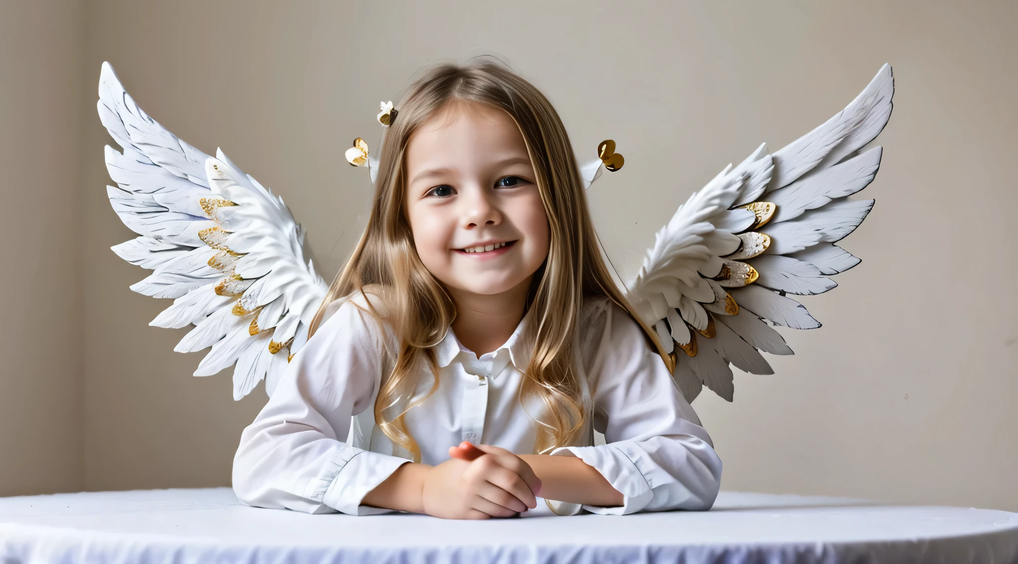 there is a smiling blonde child com asas de anjo sitting at a table, of a beautiful meninajo, anjo bonito, of anjo bonito, menina do anautiful menina do anjo por Portrait of a anjo bonito, menina com asas de anjo,anjo, angel themed, anjo feminino bonito, angelic, angelic light, winged menina do anjo, angelic puritylic