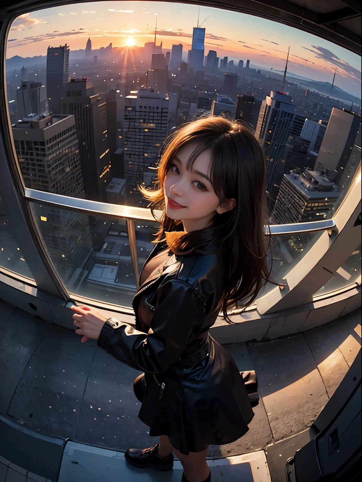 1 Punk girl, fish eye, self-shot, Wind, Messy hair, Sunset, Cityscape, (Aesthetics and atmosphere:1.2),Smiling