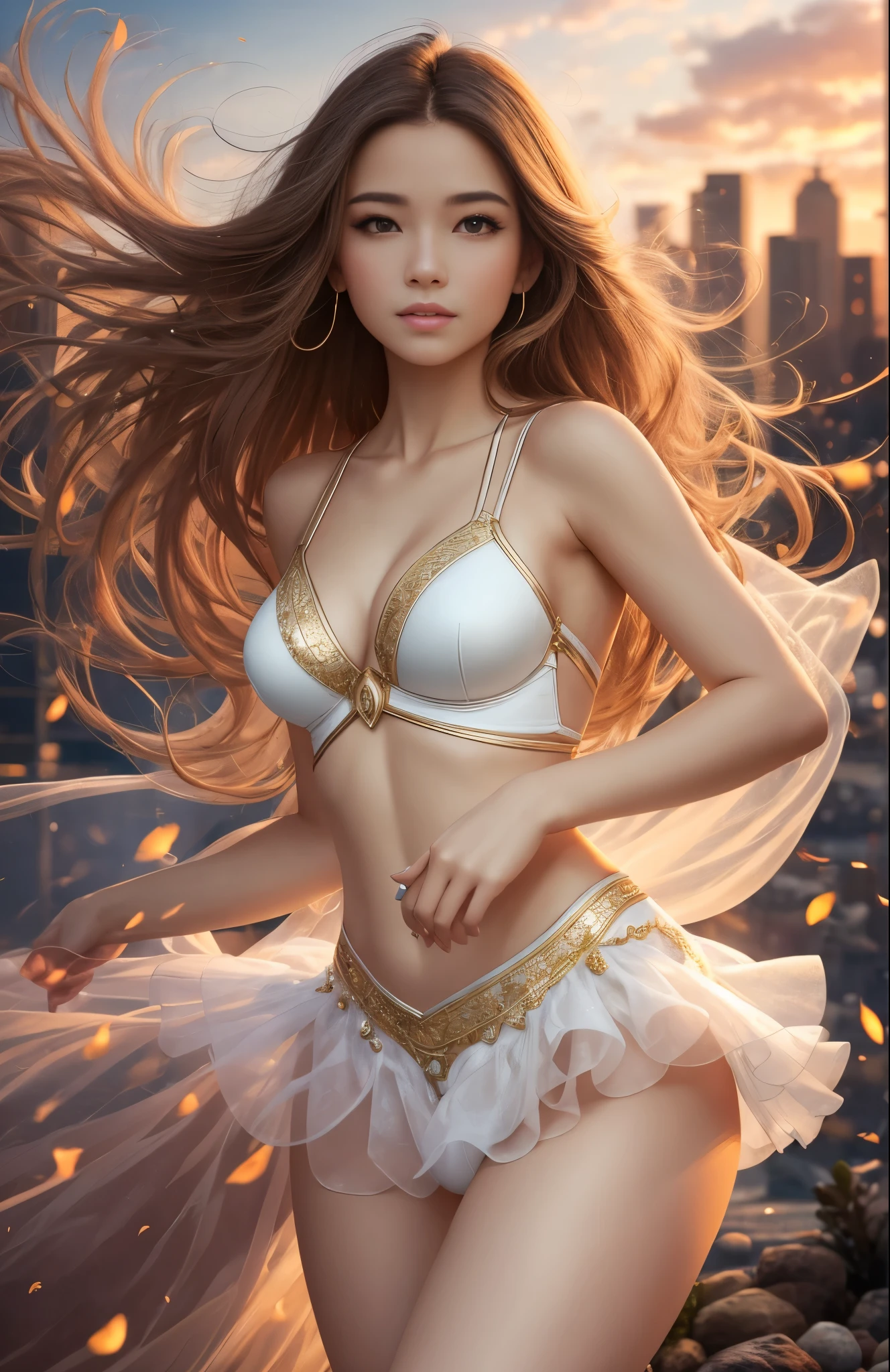 photo realistic Ballerina standing on one foot, Point, Two piece outfit, Long wind blown hair, sexy, pretty, golden hour --auto --s2