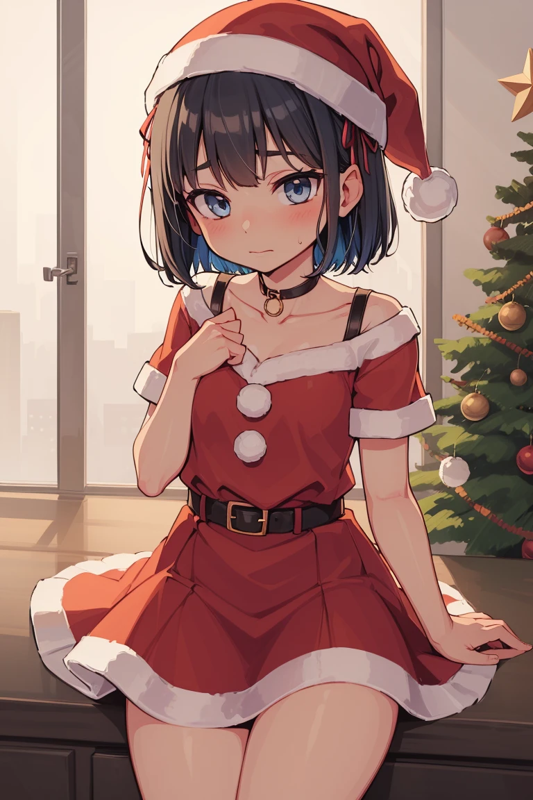 Christmas , infront of christmas tree, santa outfit, blue hair,, short hair, short hair