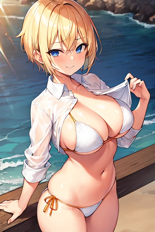 1girl, blonde hair, blonde hair, very short hair, short hair, blue eyes, beach, smirk, smile, smug, breasts, large breasts, wide hips, thick thighs, tomboy, spiked hair, shirt, white shirt, shirt lift, clothes lift, bikini, orange bikini
((orange bikini)), orange trim, orange swimsuit