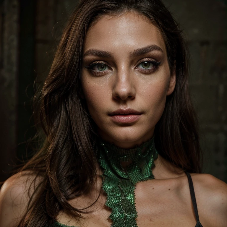 a portrait of a brunette with olive-toned skin, italian features, tall and athletic, whose ((green eyes)) add a magnetic touch to her captivating appearance, ((wearing eyeshadow, in a smoky eyes makeup))