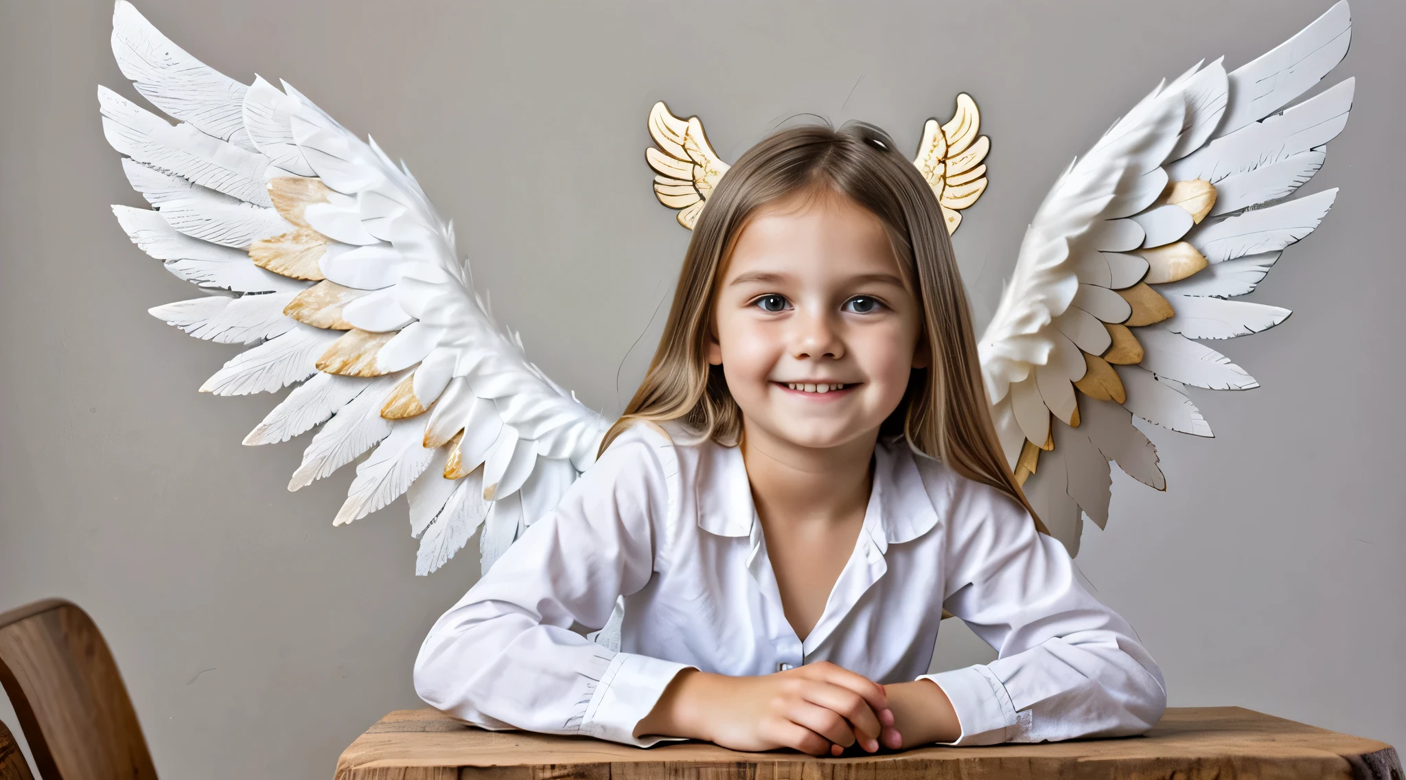 there is a smiling blonde child  com asas de anjo sitting at a table, of a beautiful meninajo, anjo bonito, of anjo bonito, menina do anautiful menina do anjo por Portrait of a anjo bonito, menina com asas de anjo,anjo, angel themed, anjo feminino bonito, angelic, angelic light, winged menina do anjo, angelic puritylic