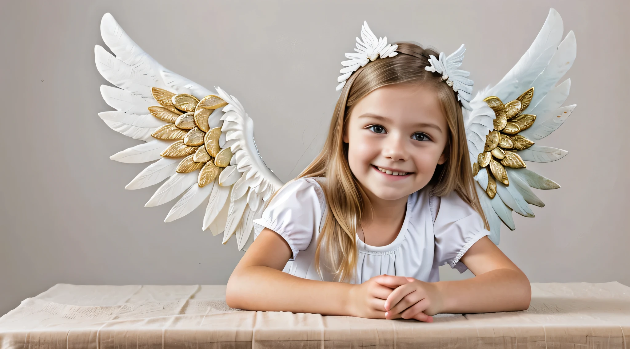 there is a smiling blonde child com asas de anjo sitting at a table, of a beautiful meninajo, anjo bonito, of anjo bonito, menina do anautiful menina do anjo por Portrait of a anjo bonito, menina com asas de anjo,anjo, angel themed, anjo feminino bonito, angelic, angelic light, winged menina do anjo, angelic puritylic