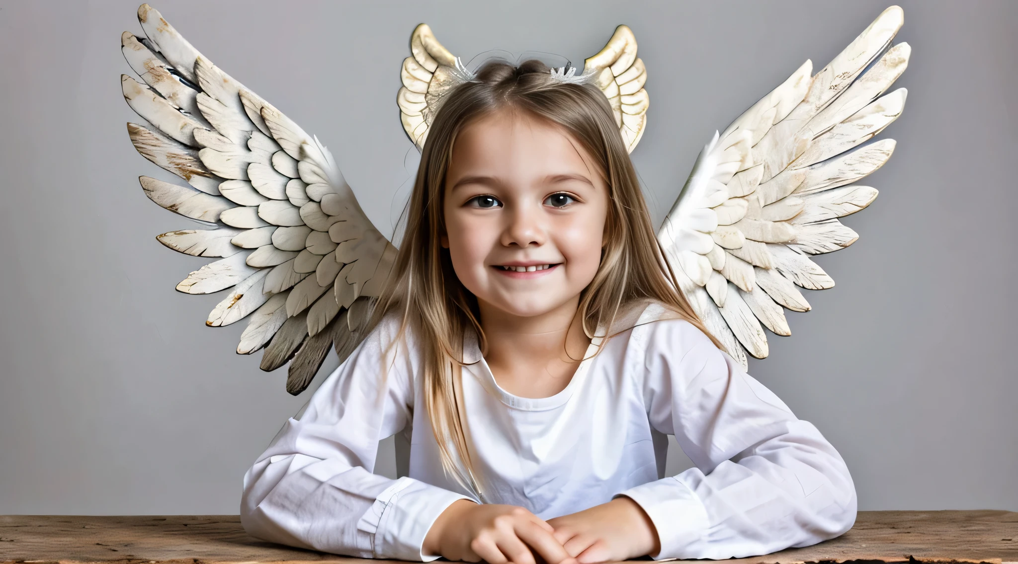 there is a smiling blonde child com asas de anjo sitting at a table, of a beautiful meninajo, anjo bonito, of anjo bonito, menina do anautiful menina do anjo por Portrait of a anjo bonito, menina com asas de anjo,anjo, angel themed, anjo feminino bonito, angelic, angelic light, winged menina do anjo, angelic puritylic