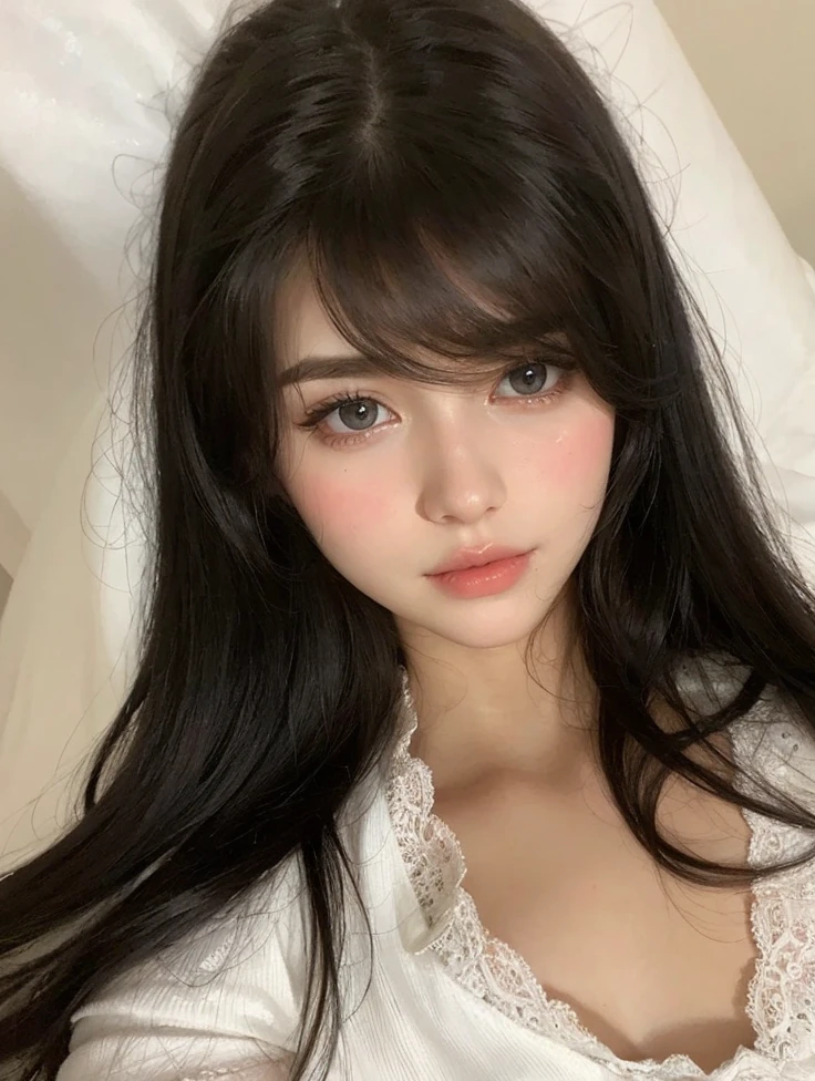 beautiful pale woman with bangs, big and beautiful rosy lips, pale skin, detailed eyes, delicate eyebrows, long eyelashes, elegant posture, soft and smooth skin, natural and radiant beauty, feminine charm, dreamy atmosphere, ethereal light, fine details, high resolution and vivid colors, delicate brush strokes, oil painting style, portrait.