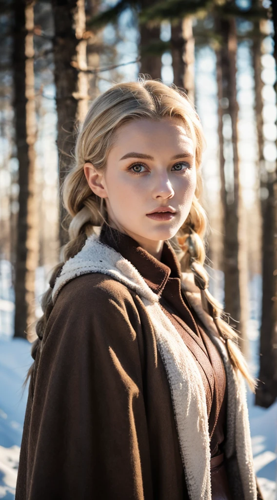 RAW, professional photograph, medium shot, photorealistic, realistic lights, realistic shadows, hyper-realistic, ray tracing, super detail, UHD, 8k, female elf, twenty years old, athletic body, soft facial features, long braided hair, viking hairstyle, straight hair, white hair, gray eyes, viking leather clothing, forest in winter, sharp image