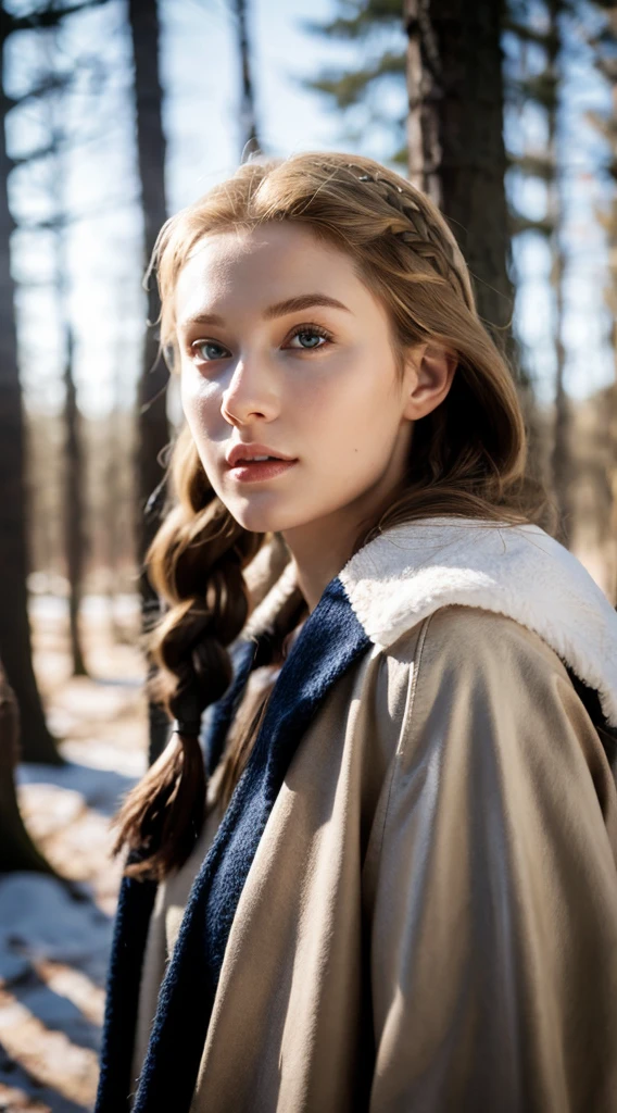 RAW, professional photograph, medium shot, photorealistic, realistic lights, realistic shadows, hyper-realistic, ray tracing, super detail, UHD, 8k, female elf, twenty years old, athletic body, soft facial features, long braided hair, viking hairstyle, straight hair, white hair, gray eyes, viking leather clothing, forest in winter, sharp image