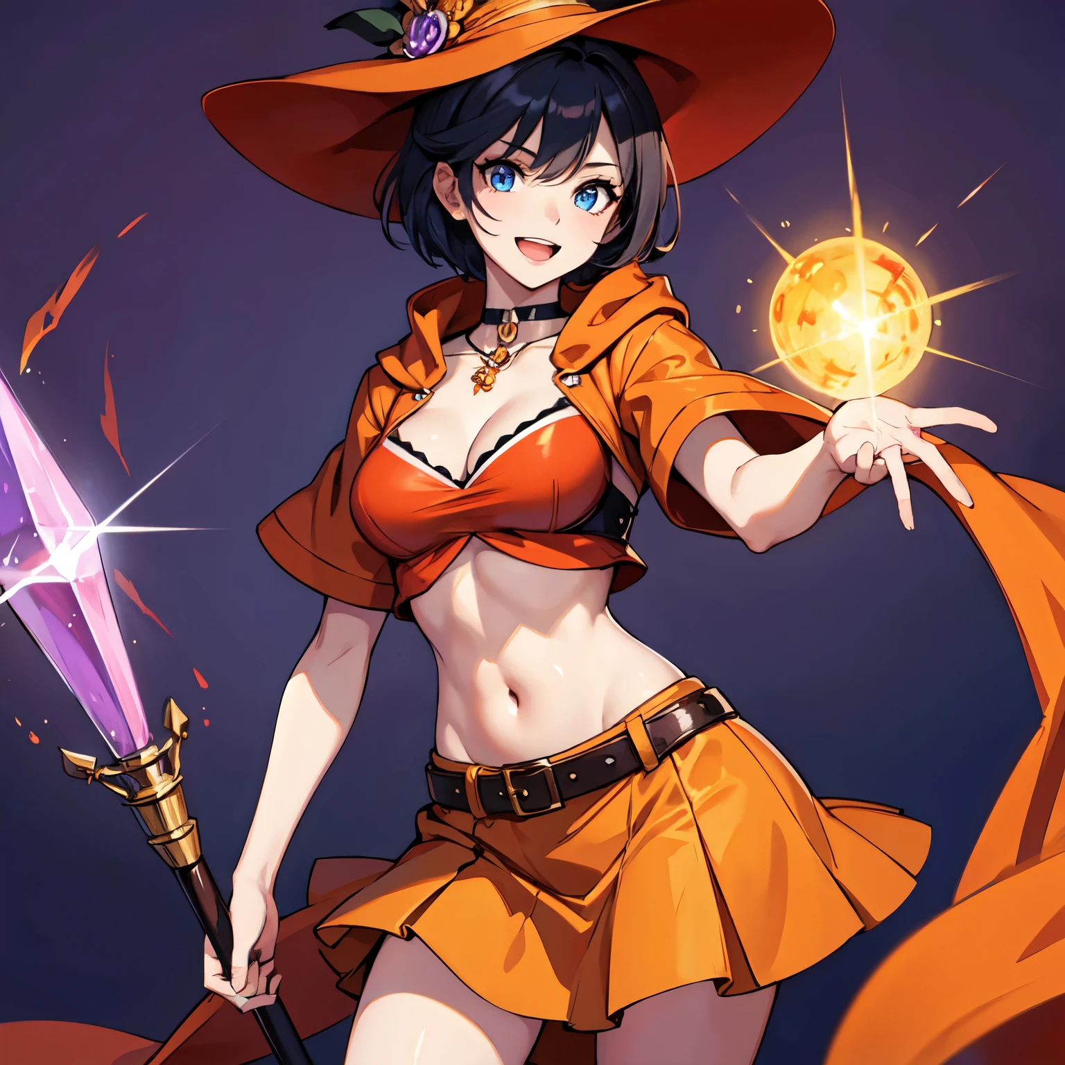 (masterpiece), best quality, expressive eyes, perfect face, 1girl, witch, large breasts, Cleavage, choker BREAK blue eyes, orange witch hat BREAK short hair, black hair BREAK red flapper shirt , midriff, red cloak BREAK orange skirt BREAK magic wand, jewerly, :D, smile, standing, purple background, crystal