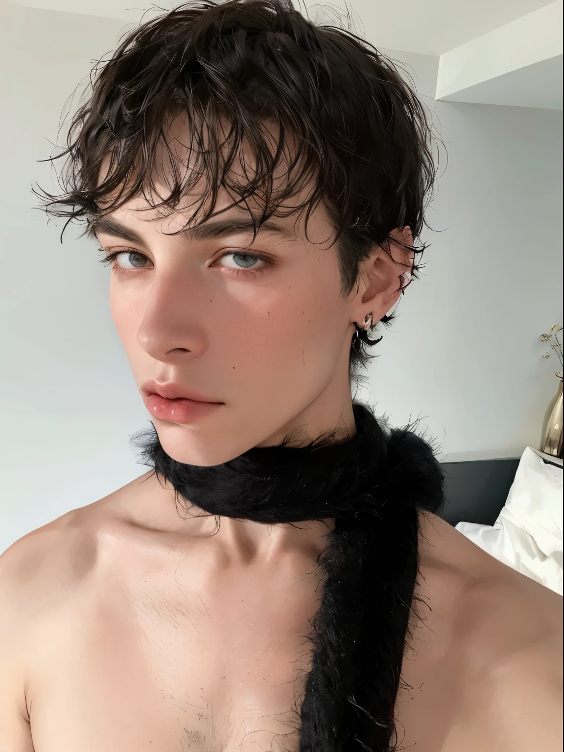 Hombre arafed con una corbata negra en el cuello., cuello esponjoso, Con bufanda negra esponjosa, Blade de Drain Gang, An epic non-binary model, inspirado por Jean Malouel, barba de cuello, cuello grueso y peludo y pelusa en el pecho, Modelo no binario, delicate androgynous prince, Finn Wolfhard, con gargantilla negra, cuello visible, androgynous face