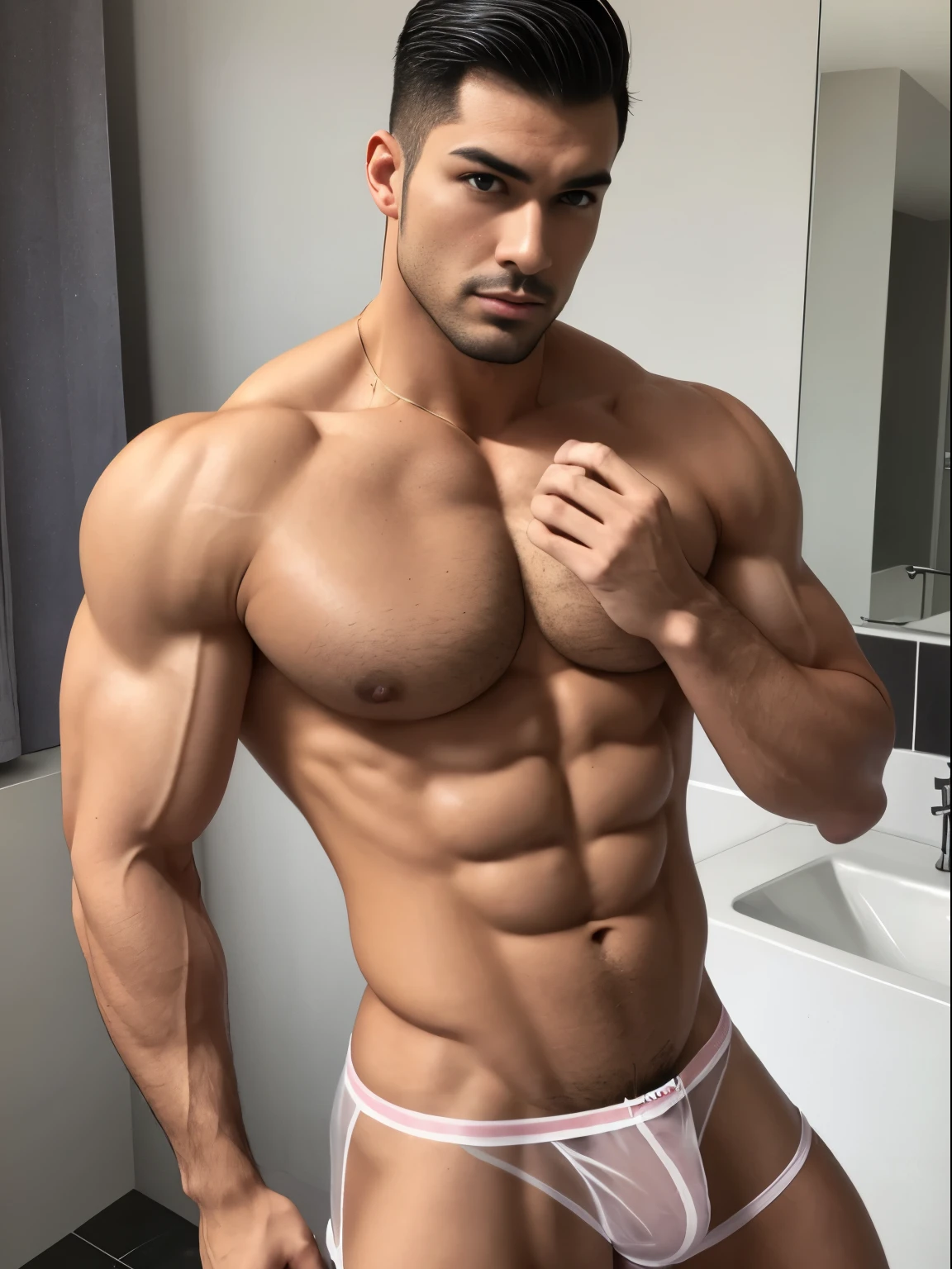 tmasterpiece, Best quality, Two sexy handsome European muscular men，Muscular man with sideburns and stubble，Sideburns and stubble，Hands caressing his chest and nipples,Nipple rings，Handsome Asian man with stubble,Short hair details、Handsome Asian muscular man with stubble, bathroom bodybuilder, muscle body, very large muscles, Bodybuilding champion，delicate skin，Raised nipples，Natural eyes, Big bulge in transparent underwear,Low-rise panties， Short hair details, Sexy guys, looking at viewert, No top, transparent panty, Men's briefs, pubes, Eternal, Muscle posture