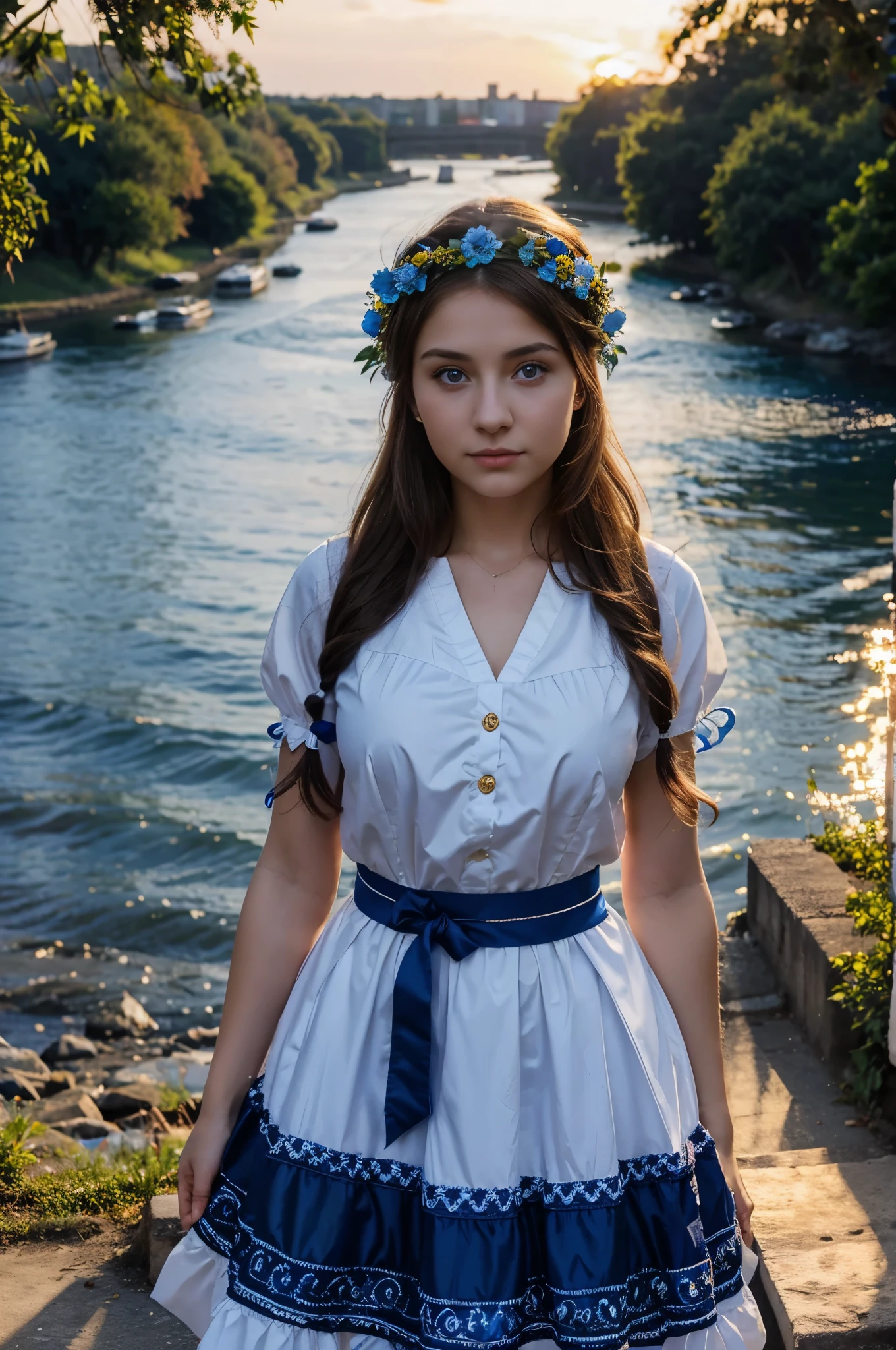 20 year old woman in Ukrainian costume Corolla wreath wearing wreath on head Blue eyes River and blue sky in background Afternoon light sunset realistic illustration