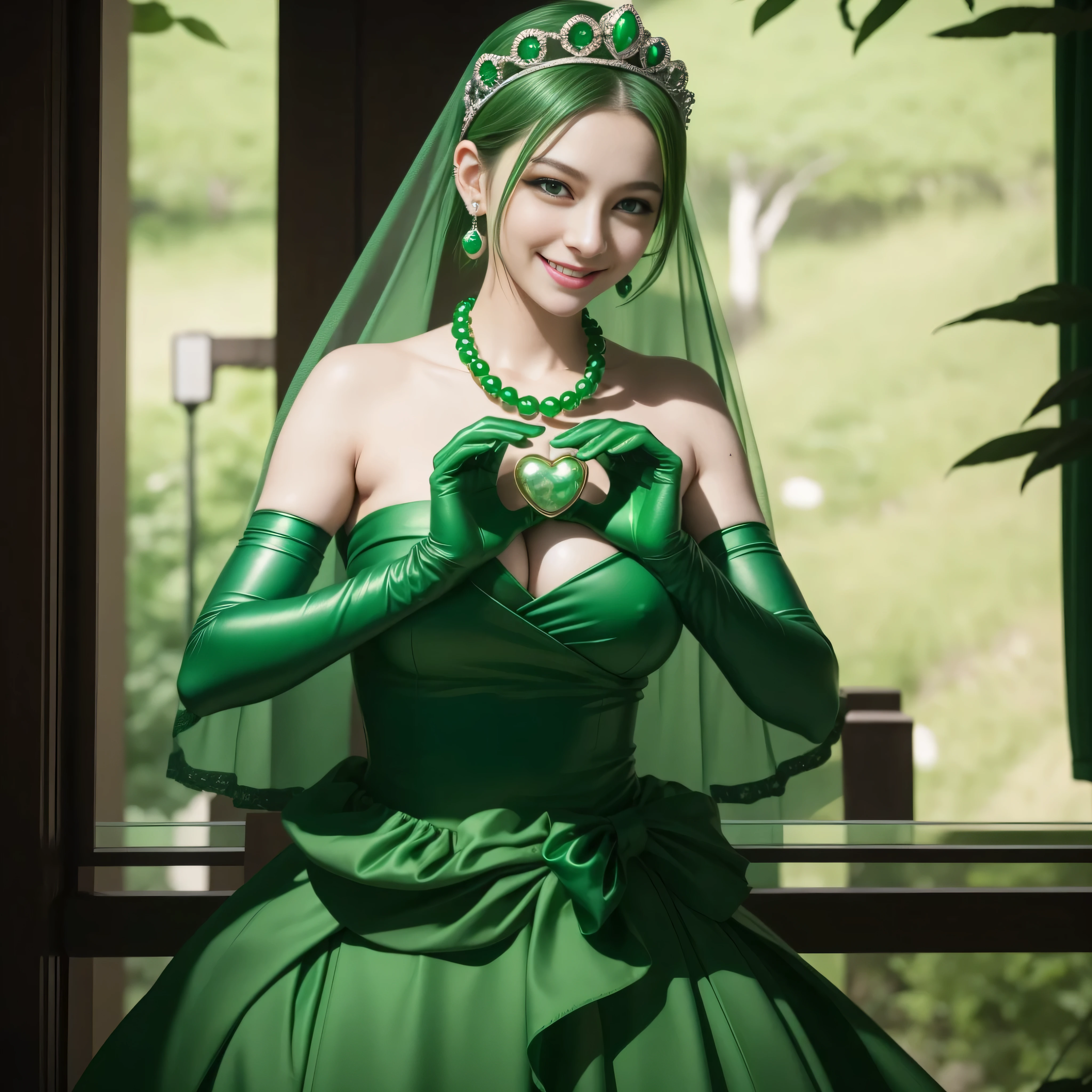 emerald tiara, Green Pearl Necklace, Boyish very short green hair, lipsticks, Japan woman smiling, very short short hair, big breasts beautiful, Green eyes, Long green gloves made of satin material, Green eyes, Emerald Earrings, green vale, 両Heart in the hand, Heart in the hand