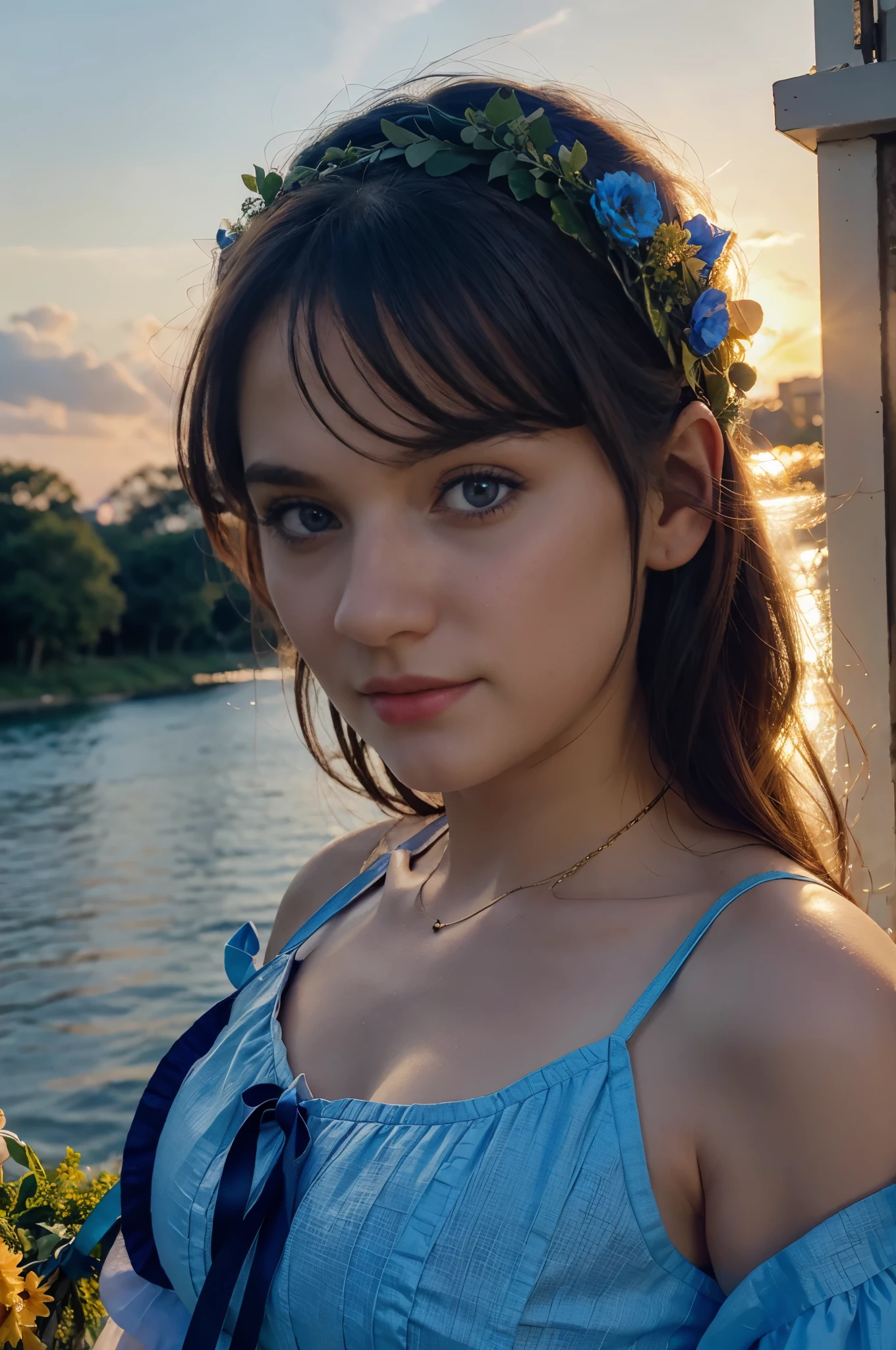 20 year old woman in Ukrainian costume Corolla wreath wearing wreath on head Blue eyes River and blue sky in background Afternoon light sunset realistic illustration