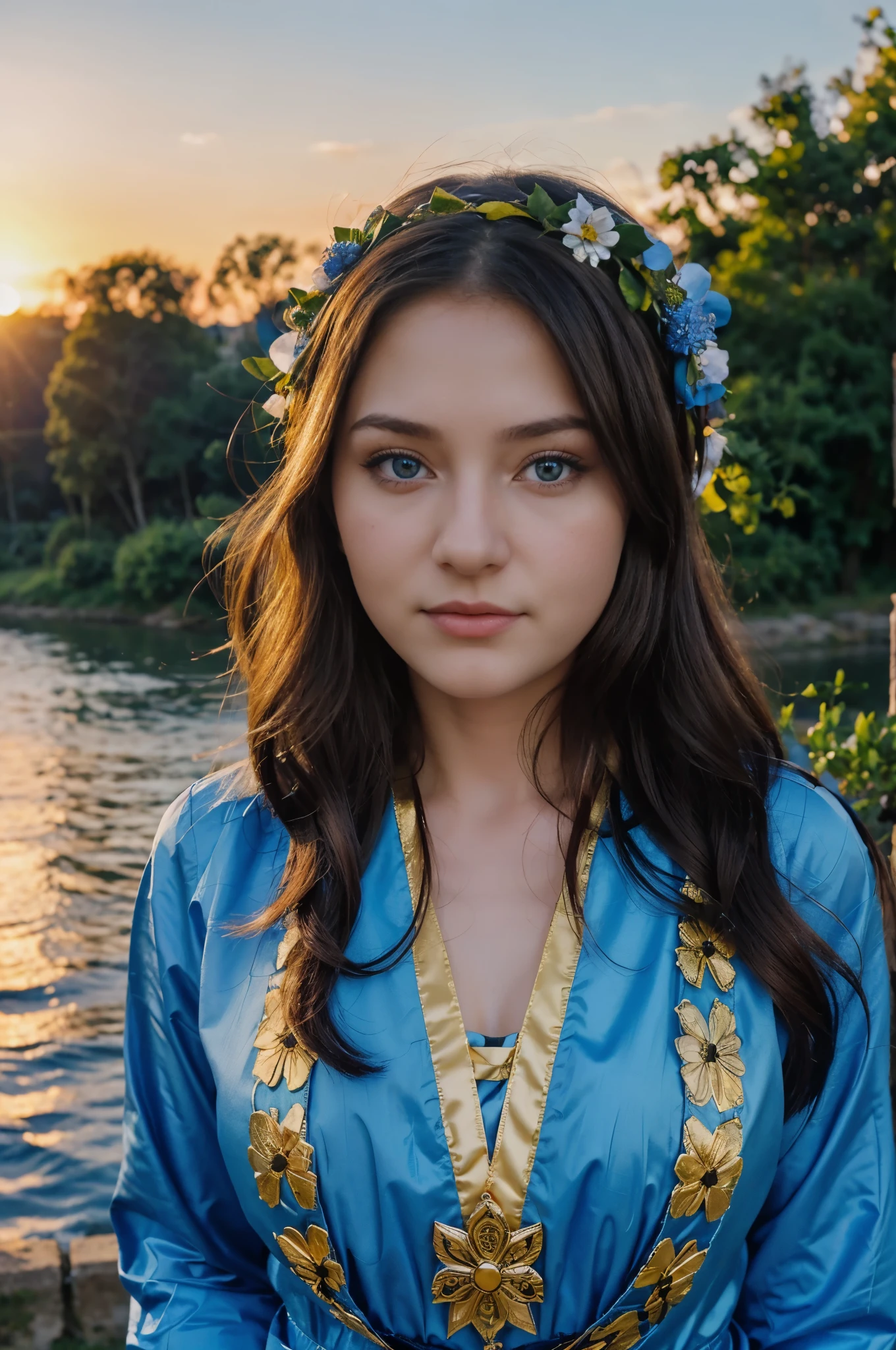 20 year old woman in Ukrainian costume Corolla wreath wearing wreath on head Blue eyes River and blue sky in background Afternoon light sunset realistic illustration