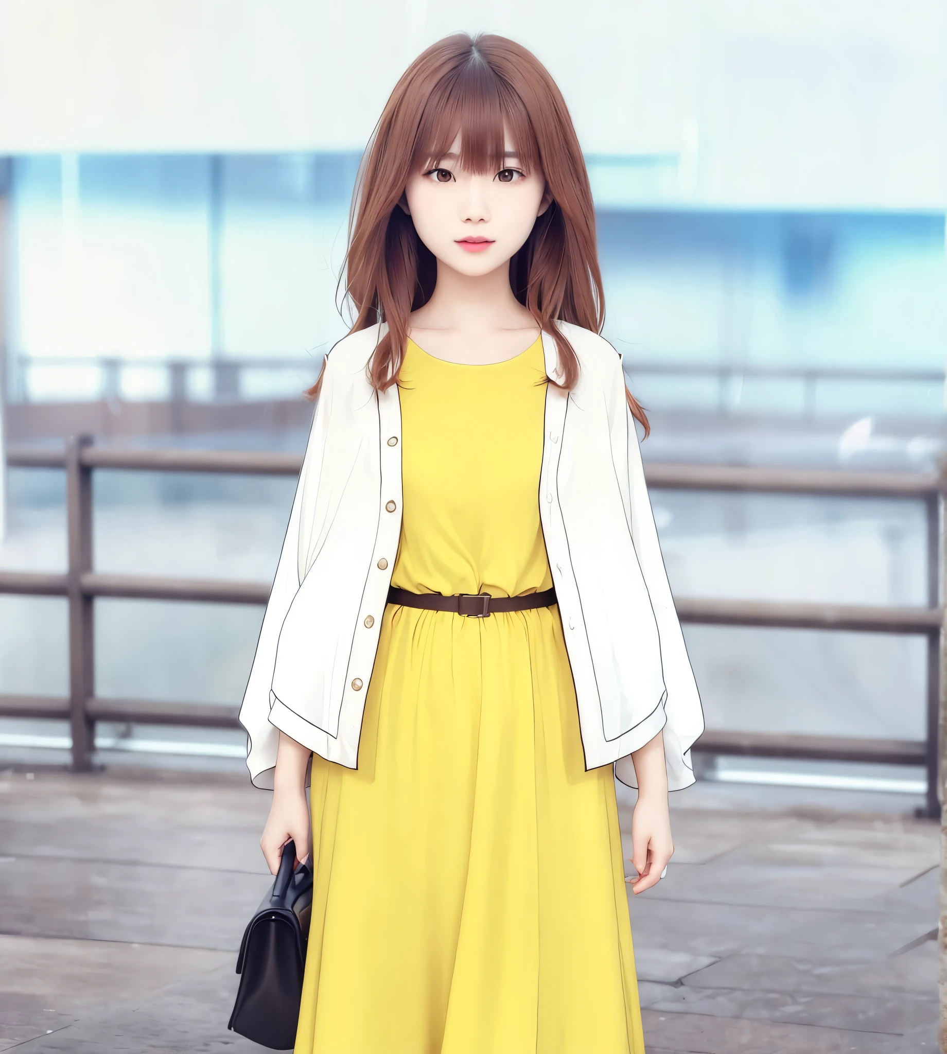 photorealistic portrait of a young japanese woman with brown hair and dark eyes in yellow dress, perfect anatomy