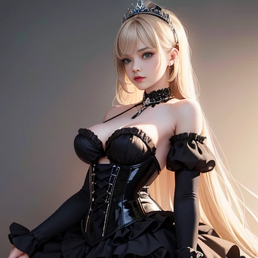 Create a series of illustrations depicting my character in different positions and angles.  Explore your personality and skills in each pose.[black:stempunk0.65] theme, master piece, a girl's master piece, detailed visual art, blue eyes, light blonde hair, long hair, collar bone, royal princess, elegant, beautiful quinceanera corset, corset piercing, layered skirt detailed, [ruffles detailed: 0.1], [ruffled dress: 0.1], embroidered, [princess dress details: 0.1], off-the-shoulder, : 1.3, open , thigh seam, garter belt, , [ |  Uncensored], (Backstory: 1.1), full body