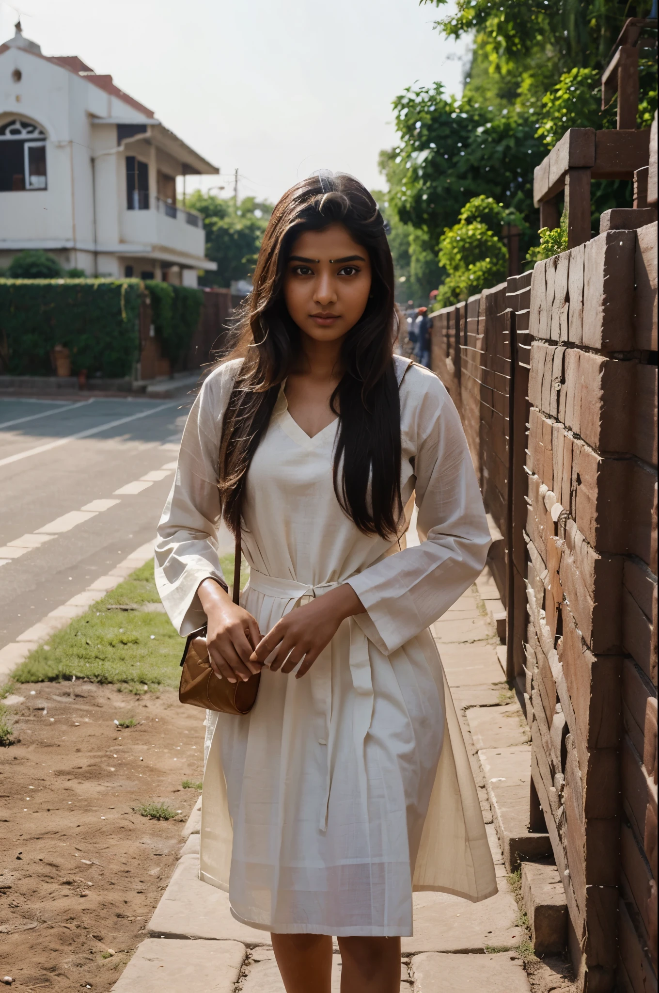 Craft a hyper realistic and vivid description of an exceptionally attractive Gen Z Indian girl who skillfully fuses traditional elements with north Indian style and wear complete close cloths lengha