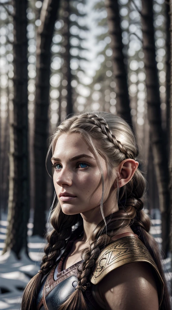 RAW, professional photograph, medium shot, photorealistic, realistic lights, realistic shadows, hyper-realistic, ray tracing, super detail, UHD, 8k, female elf, twenty years old, athletic body, soft facial features, long braided hair, viking hairstyle, straight hair, white hair, gray eyes, viking leather clothing, forest in winter, sharp image