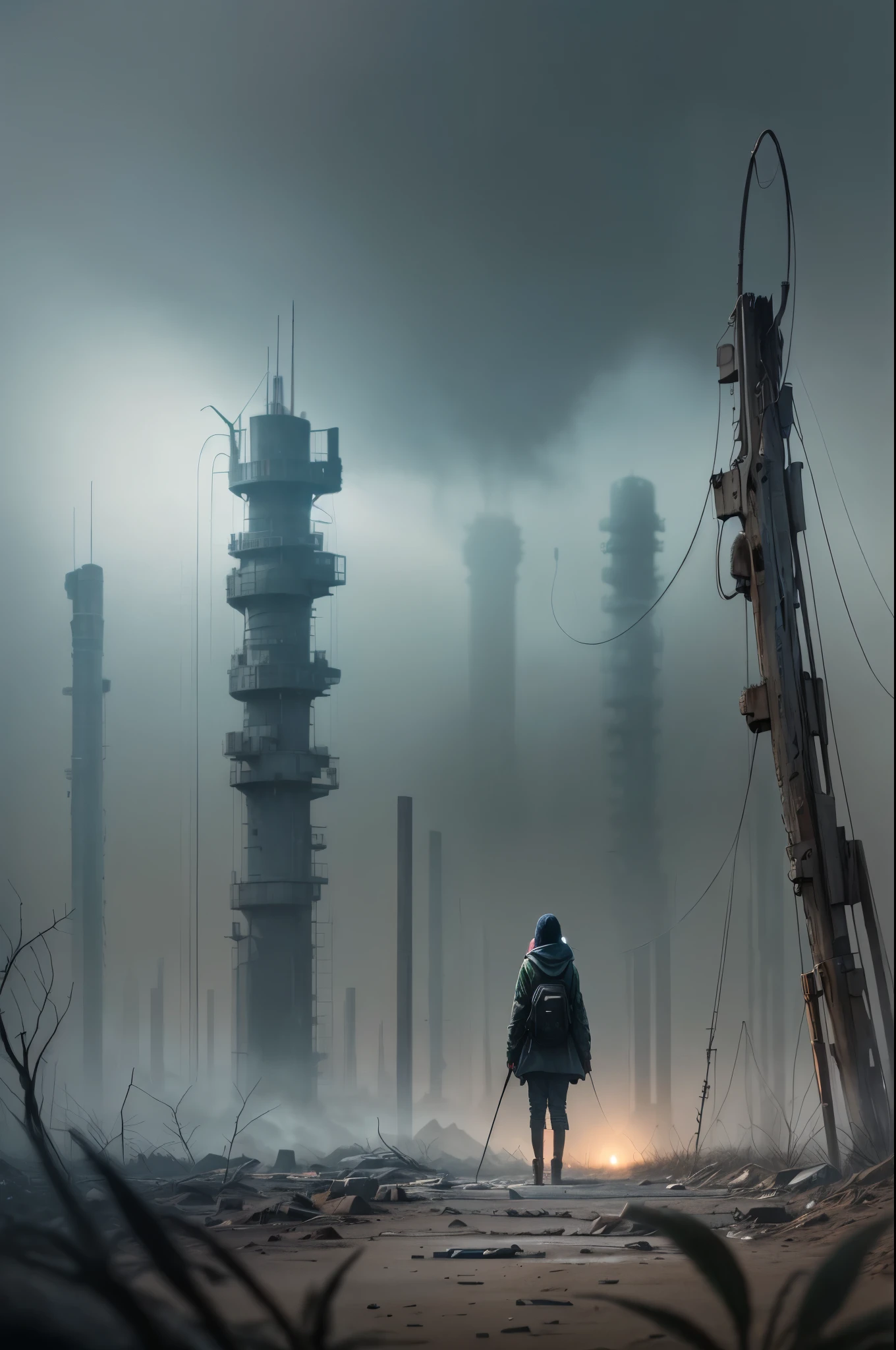 Lonely girl, teddy bear, nuclear wasteland, plants regaining territory, desolation, eerie atmosphere, (dark and moody:1.4), (loneliness:1.ost-apocalyptic:1.2).