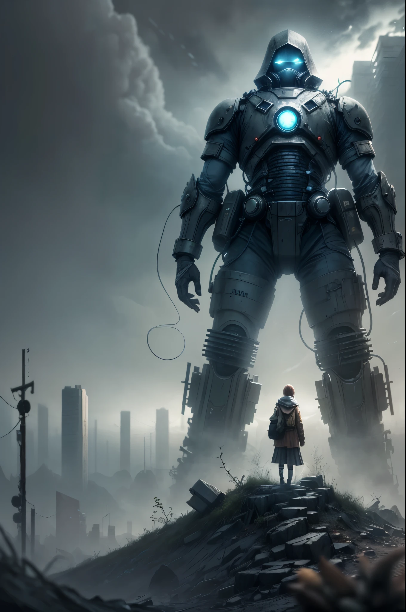 Lonely girl, teddy bear, nuclear wasteland, plants regaining territory, desolation, eerie atmosphere, (dark and moody:1.4), (loneliness:1.ost-apocalyptic:1.2).