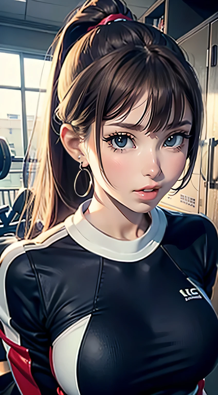 Extreme face close-up,(Cinematic scene,Fantasy Art,Highest image quality,portrait of ultra realistic,(8K),Ultra-realistic,Best Quality,High quality,High Definition,high quality texture,high detailing,Beautiful detailed,fine detailed,extremely details CG,Detailed texture,realistic representation of face,masutepiece,presence,Dynamic,Bold),1gir,Ultra detailed skin,Curve,Petite,Beautiful breasts,Large breasts,pale skin,pointed breast,Erect nipples,Ponytail,(super thin hair),(ultra soft hair),(ultra straight hair),Swept long bangs,very light coppery amber hair,Hair over one eye,gymnastic suit