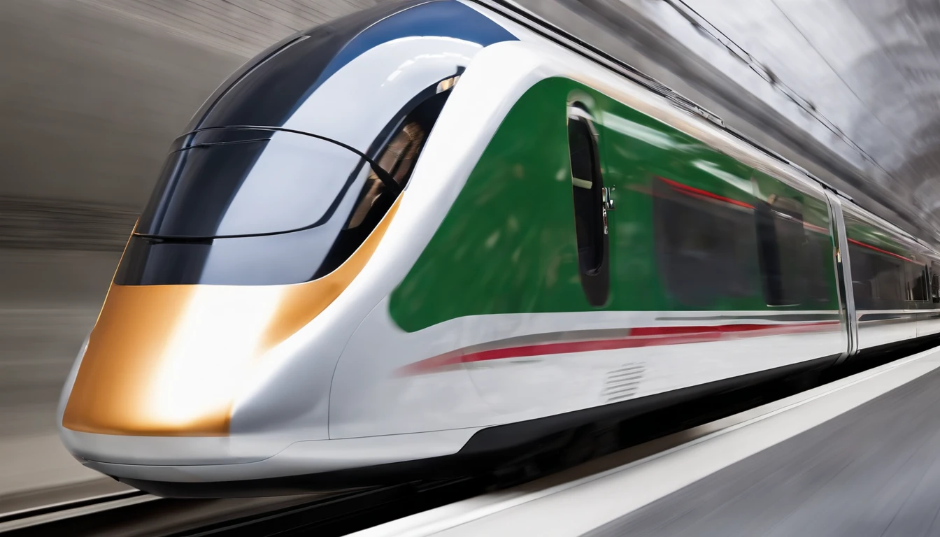 a dynamic shot of a high-speed train zooming past, with a sleek and modern design that represents the future of transportation. The shot should showcase the speed and power of the train